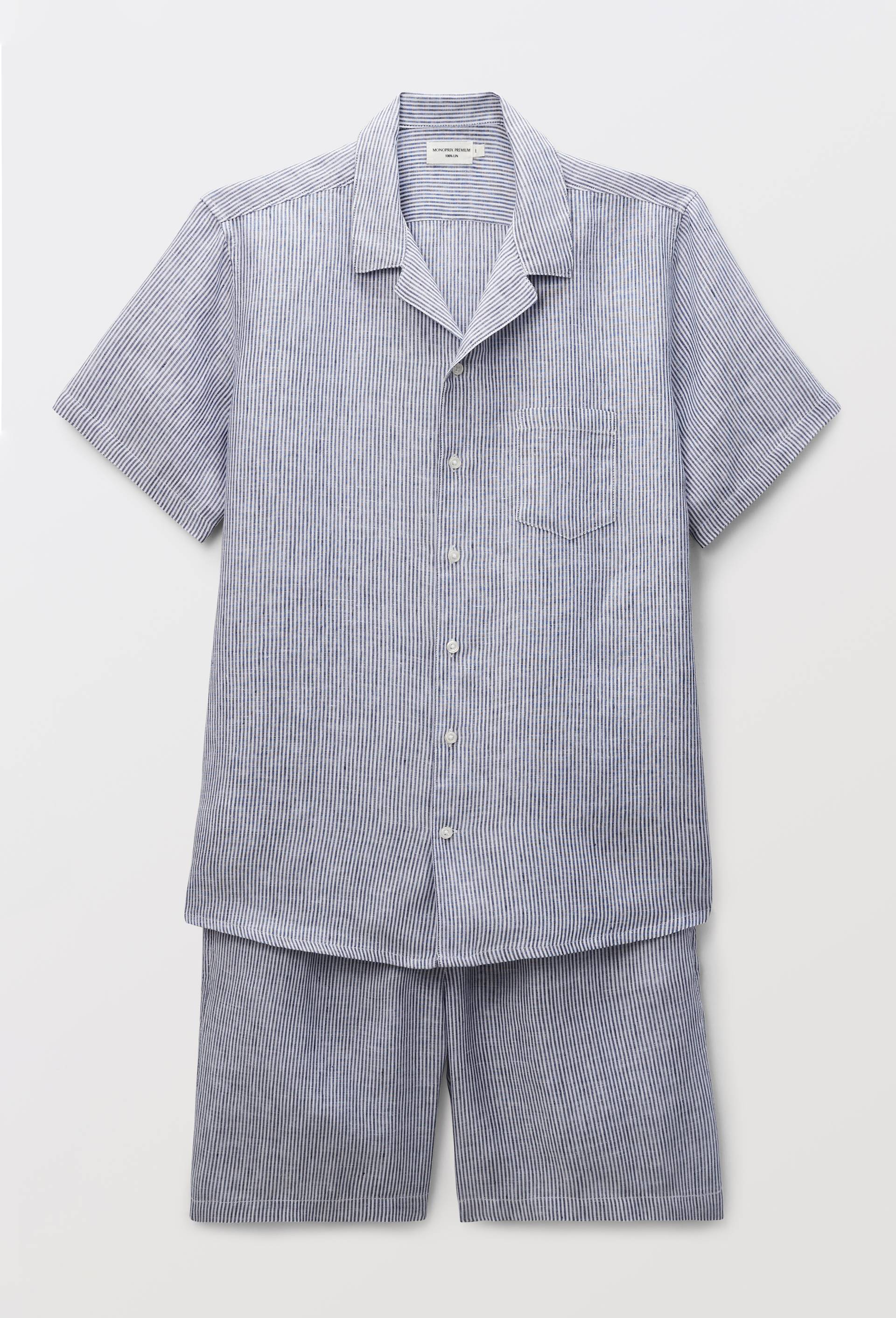 Pyjama Chemise manches courtes et Short ray&eacute;s en lin European Flax, Bleu clair, large image number 2.0