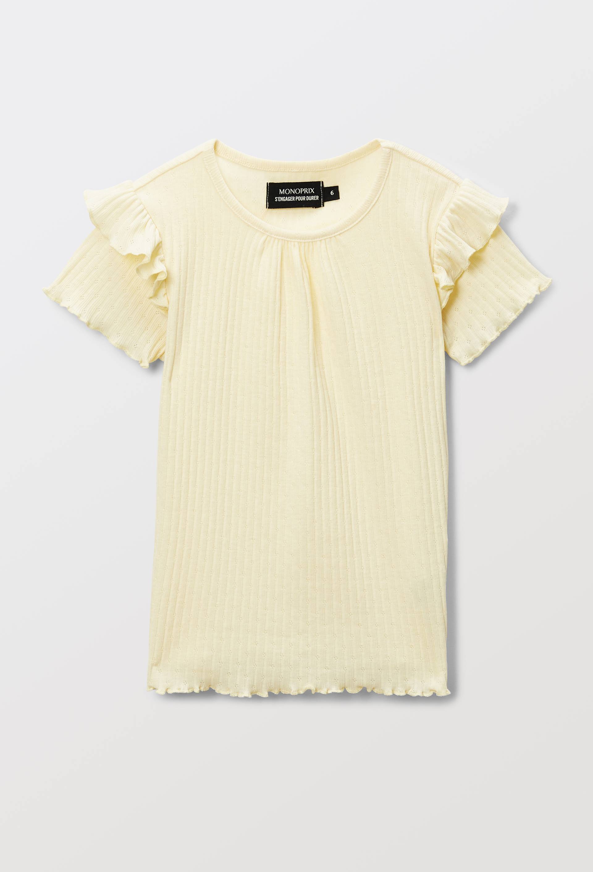Tshirt manches courtes pointelle contenant du coton, Jaune clair, large image number 1