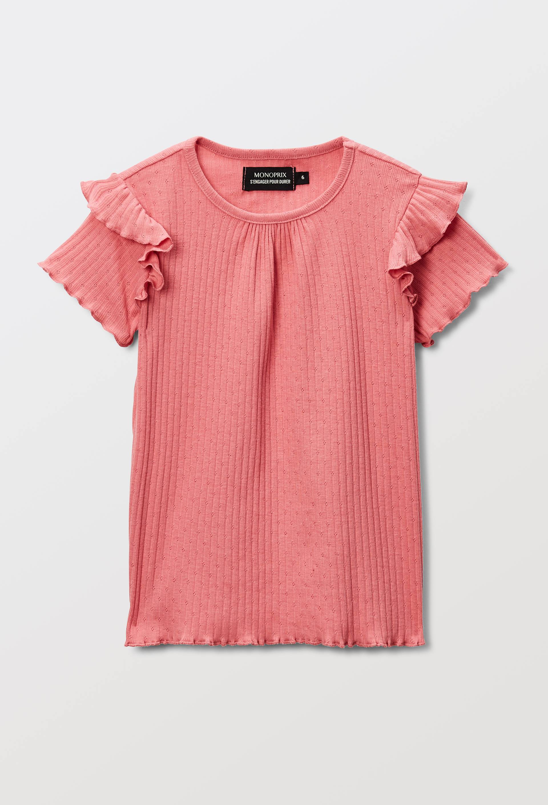 Tshirt manches courtes pointelle contenant du coton, Rose, large image number 1