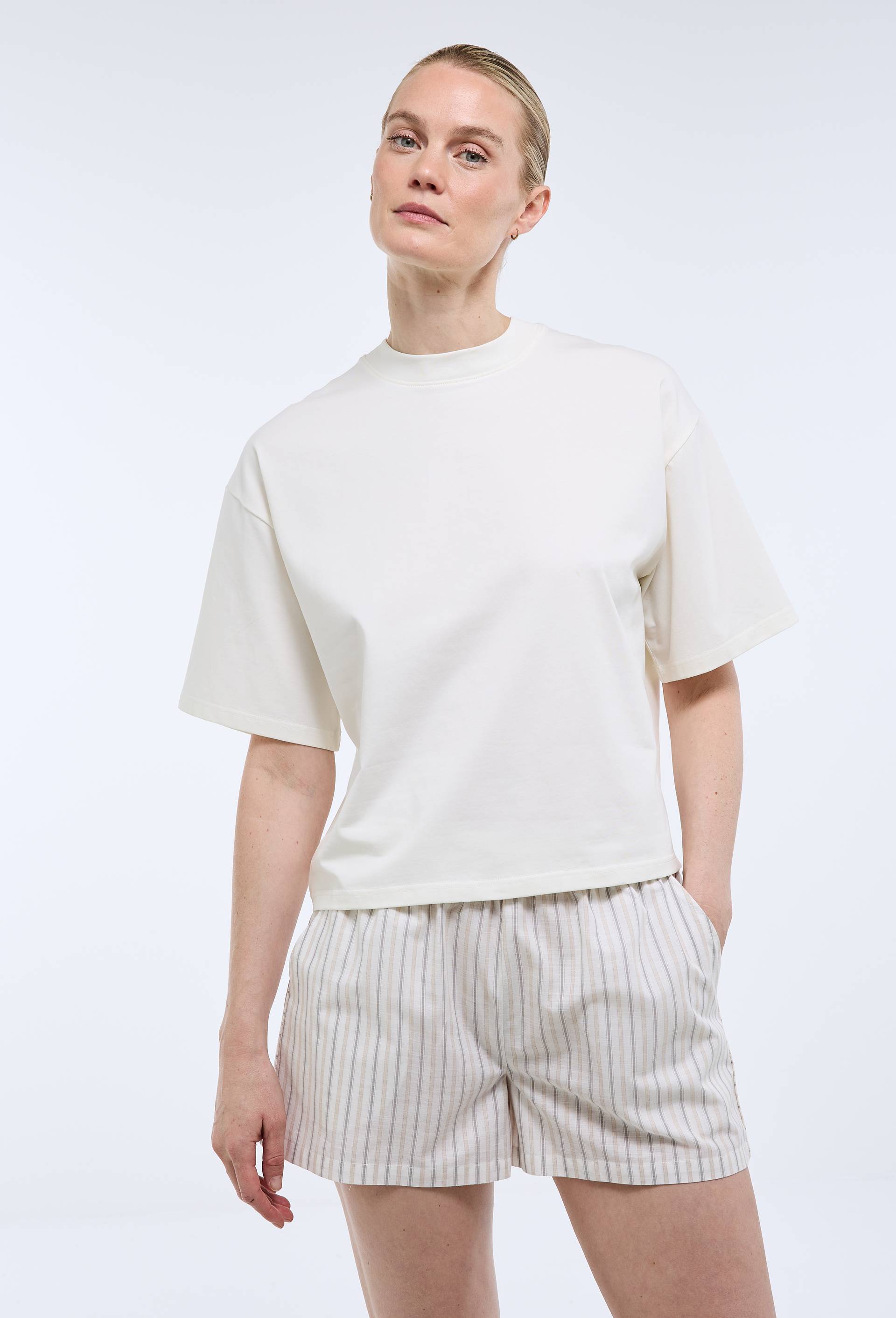 Pyjashort en haut jersey et bas voile de coton bio GOTS, Ecru, large image number 0.0