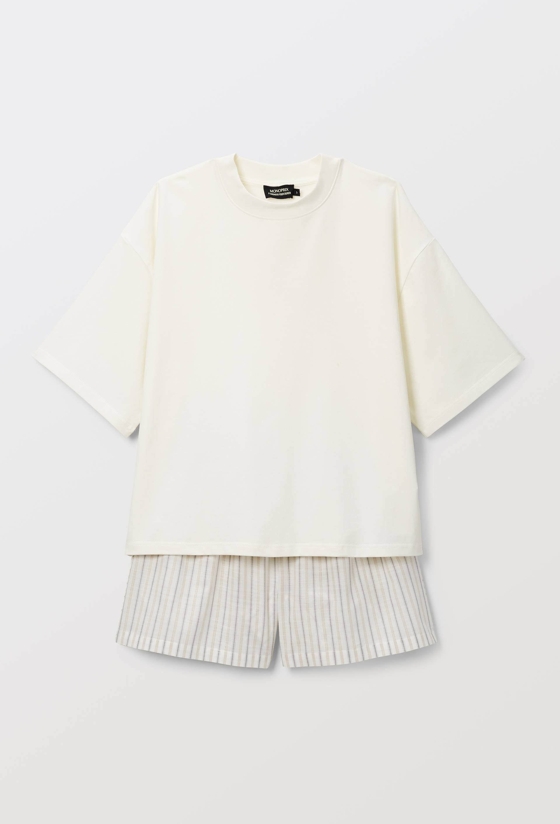 Pyjashort en haut jersey et bas voile de coton bio GOTS, Ecru, large image number 2.0