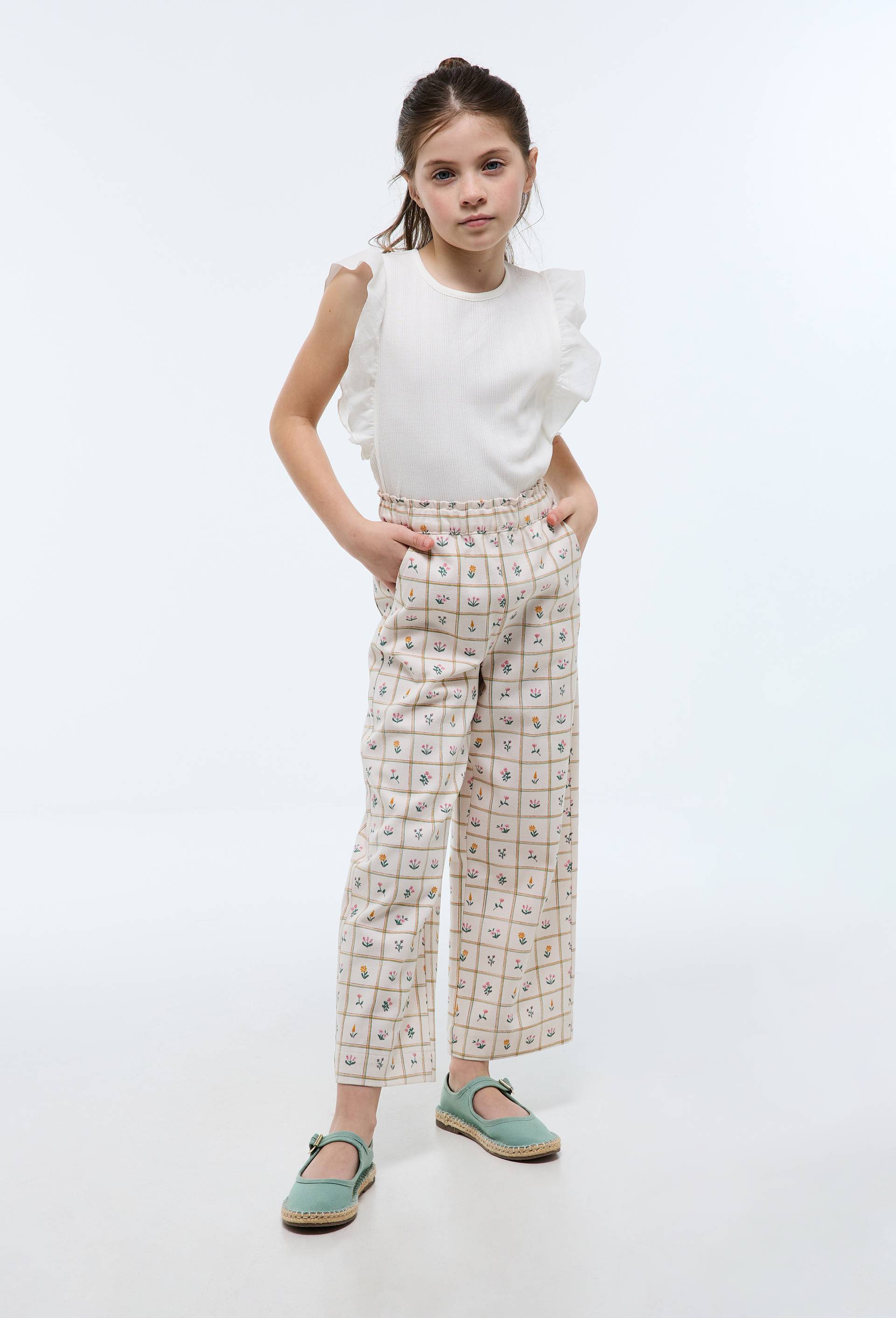 Pantalon droit imprim&eacute; en coton, Beige clair, large image number 0.0