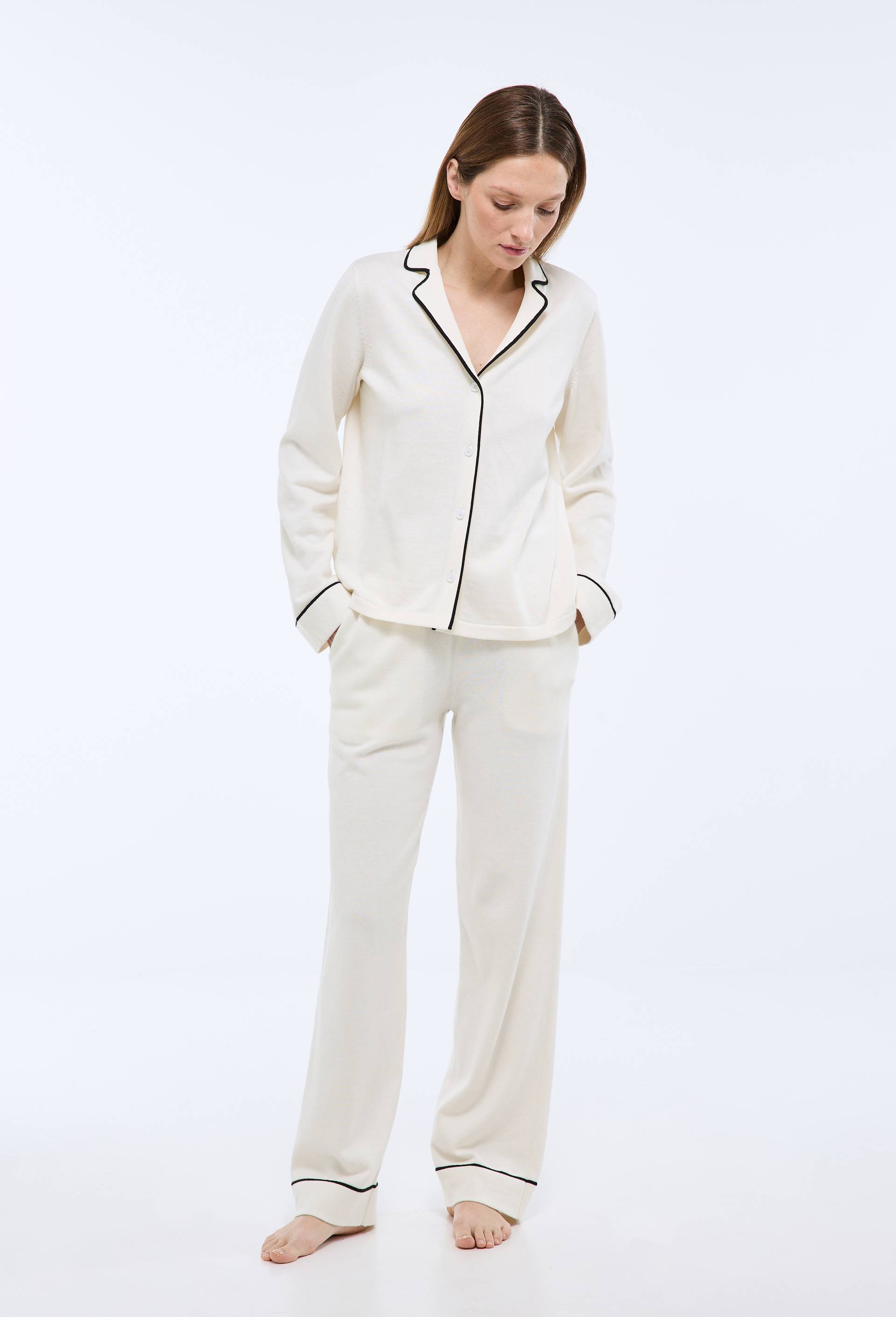 Pyjama uni en maille de coton, Ecru, large image number 0