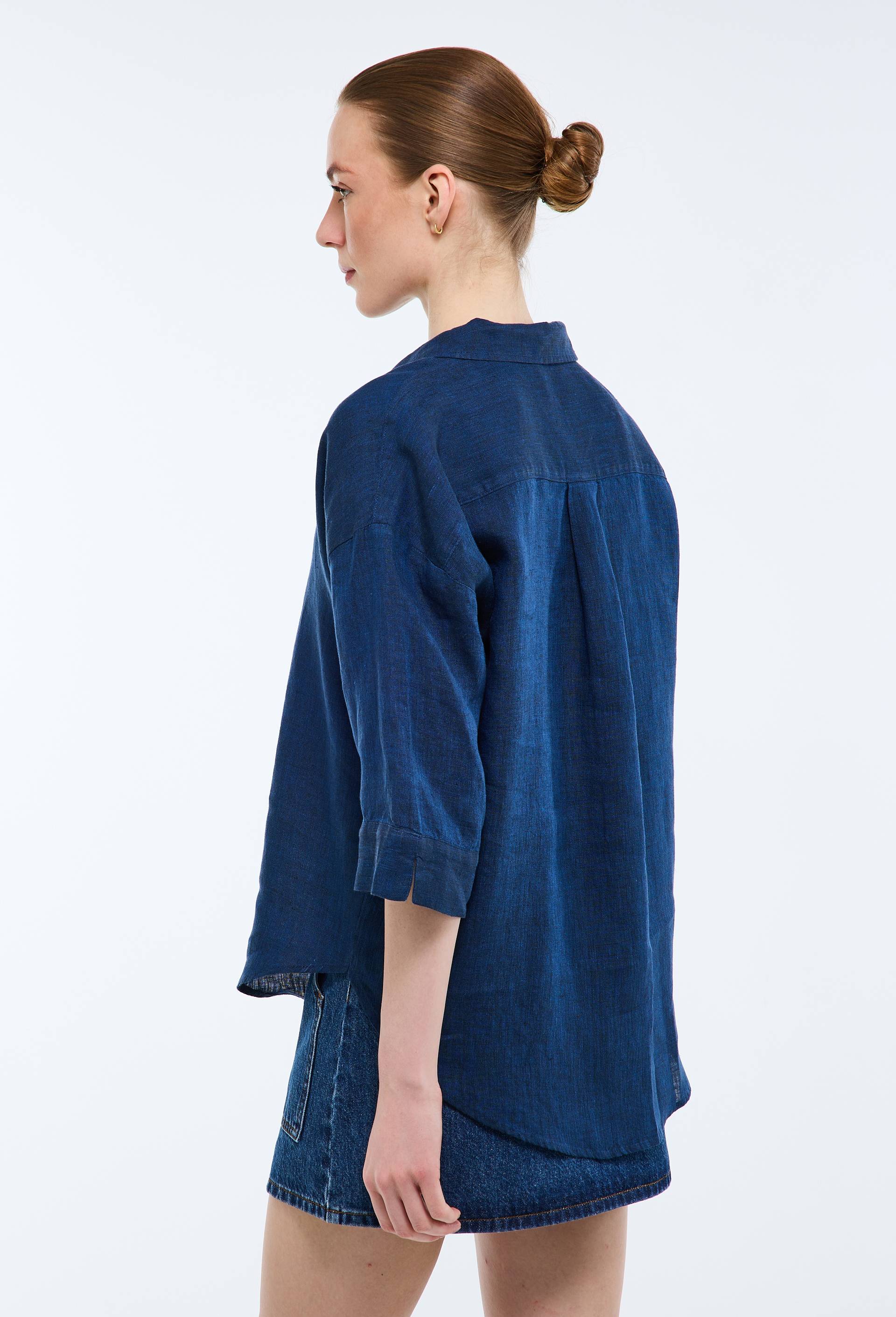 Blouse manches trois quarts unie en lin, Bleu fonc&eacute;, large image number 1