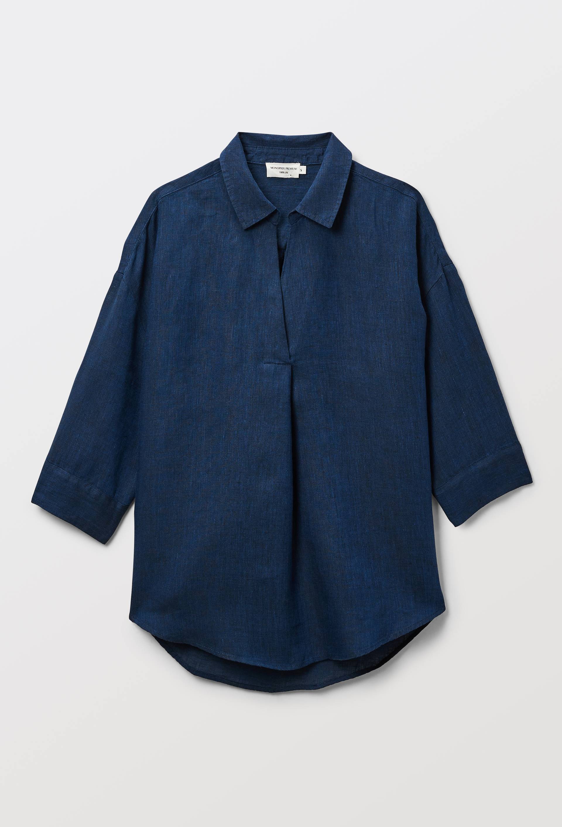 Blouse manches trois quarts unie en lin, Bleu fonc&eacute;, large image number 2.0