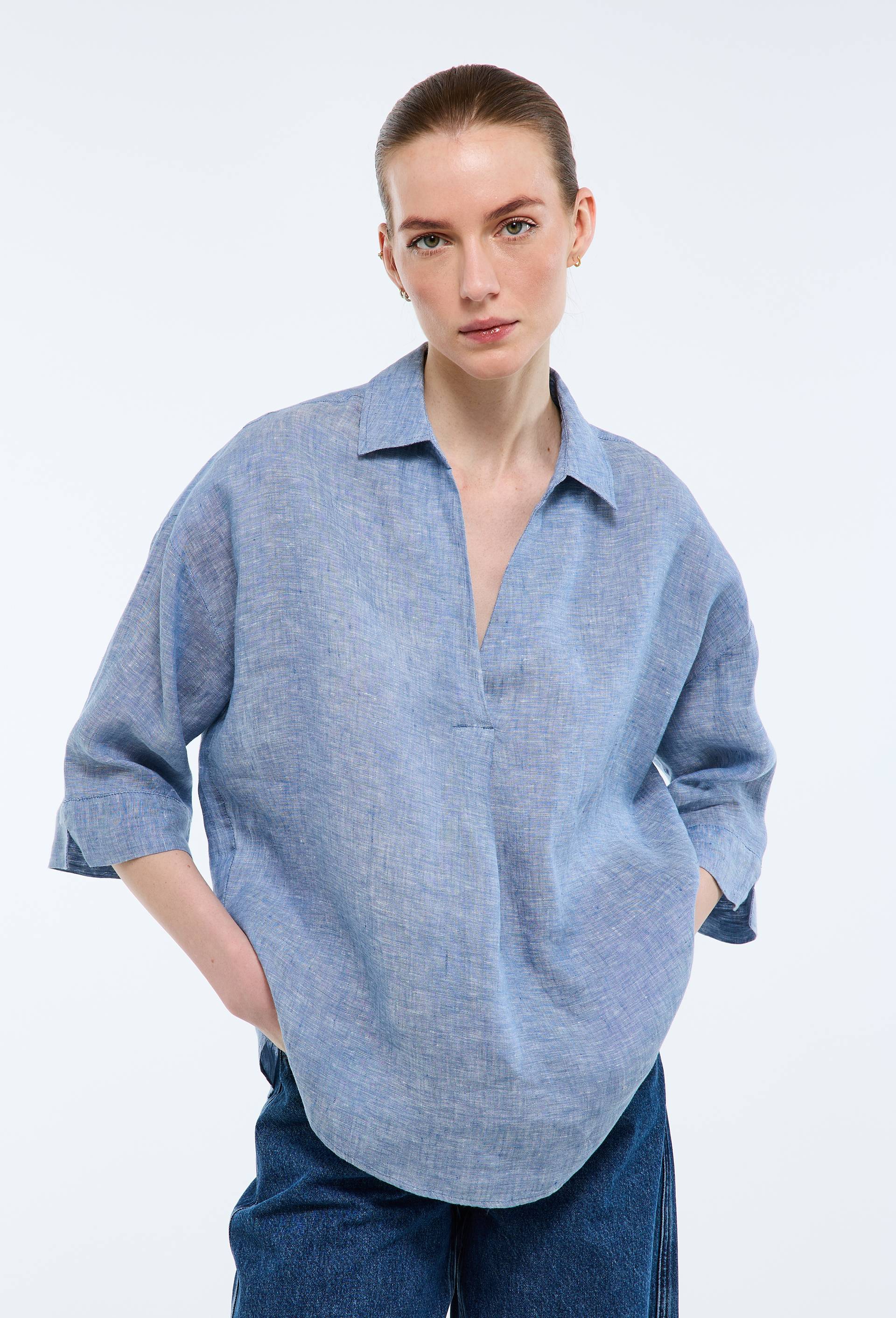 Blouse manches trois quarts unie en lin, Bleu, large image number 0