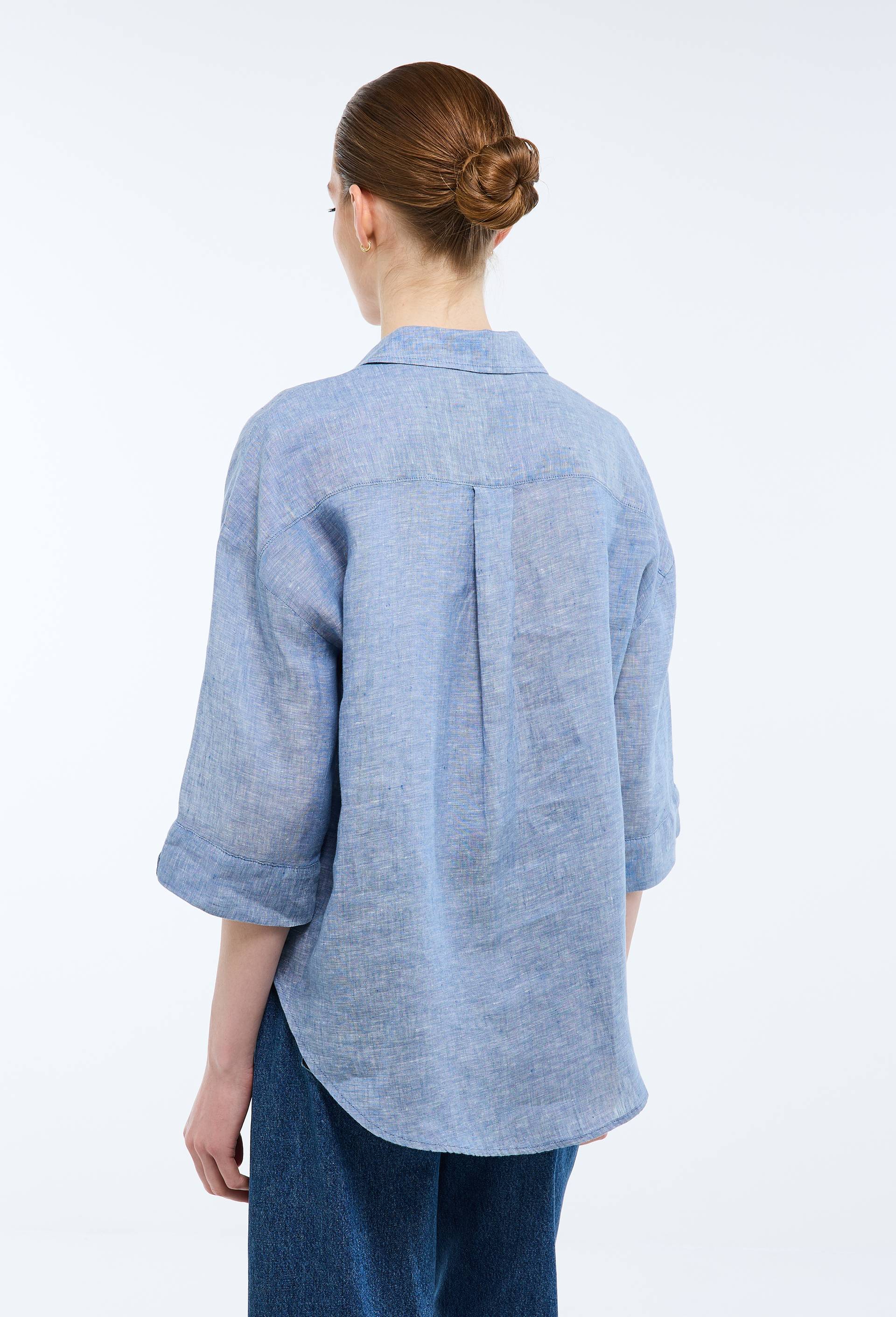 Blouse manches trois quarts unie en lin, Bleu, large image number 1.0