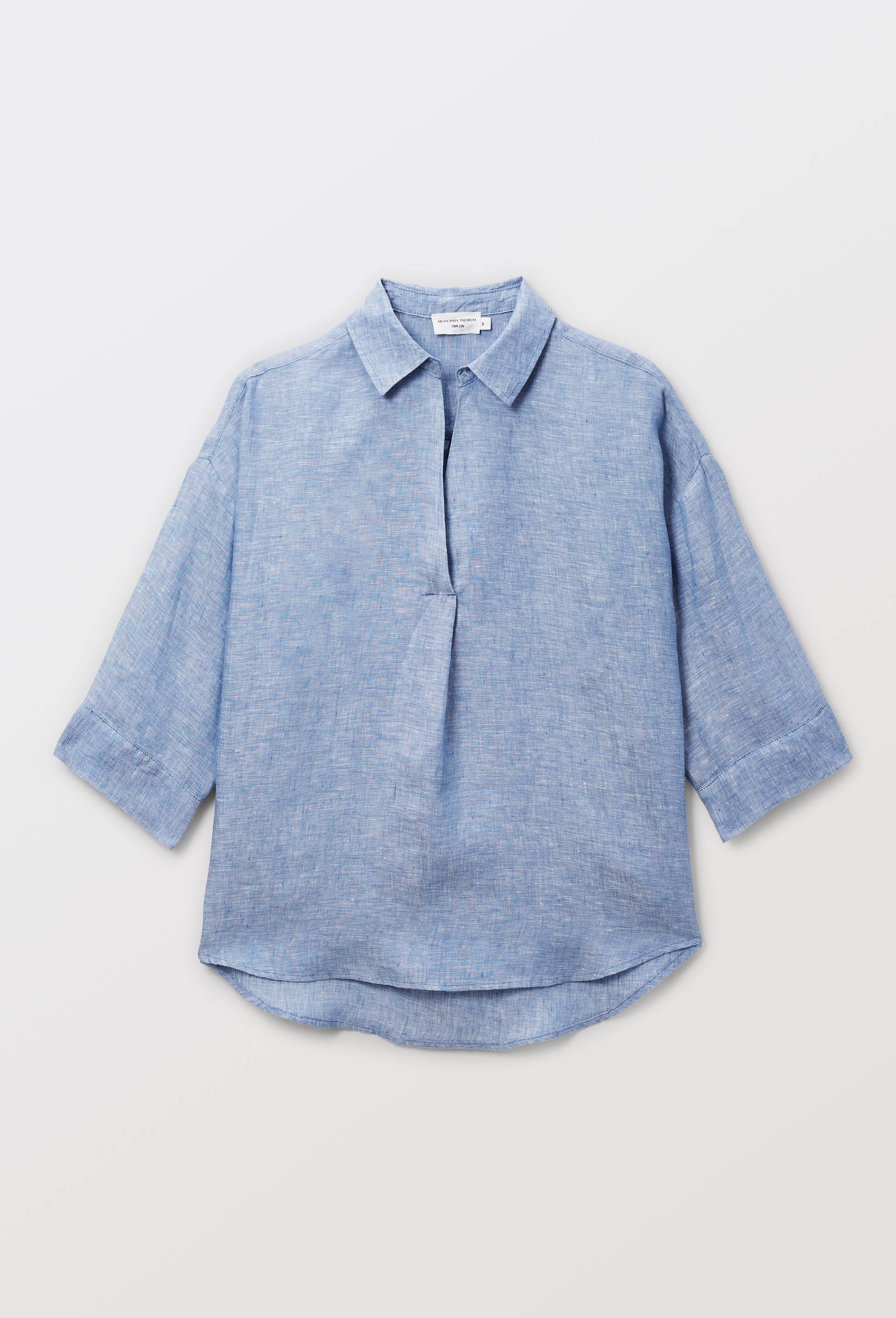 Blouse manches trois quarts unie en lin, Bleu, large image number 2