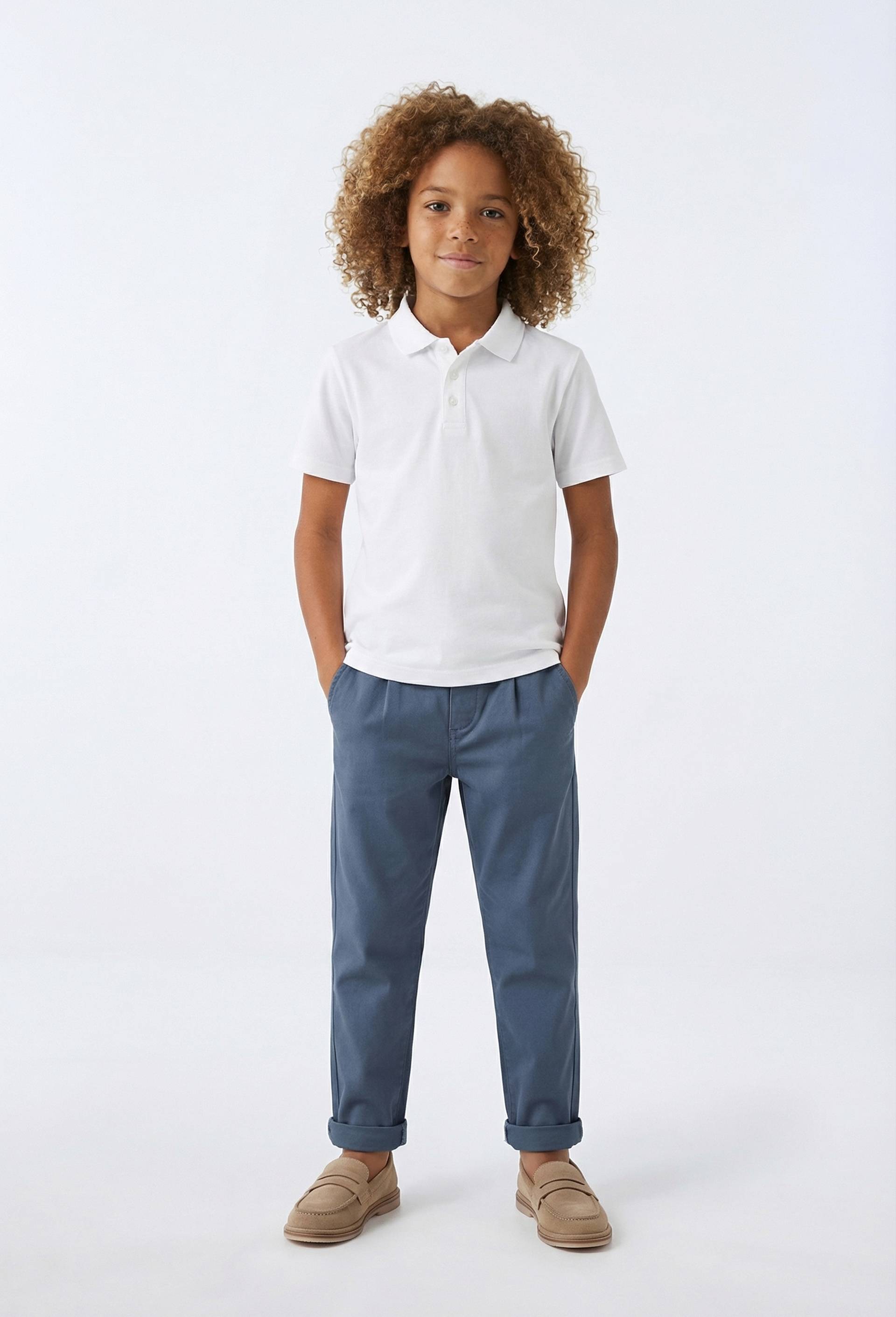 Pantalon droit &eacute;lastiqu&eacute; uni en coton, Bleu fonc&eacute;, large image number 0