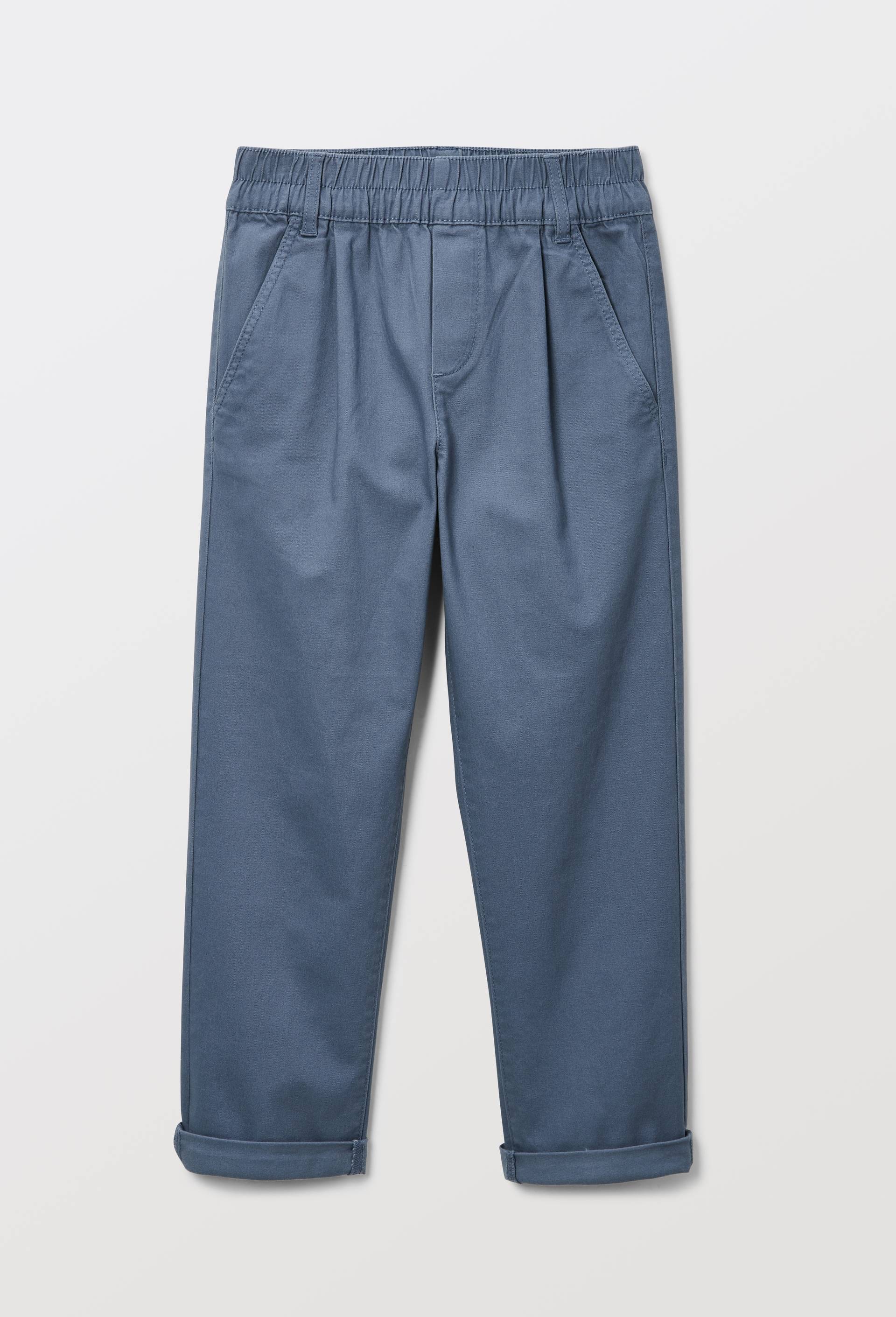 Pantalon droit &eacute;lastiqu&eacute; uni en coton, Bleu fonc&eacute;, large image number 1.0