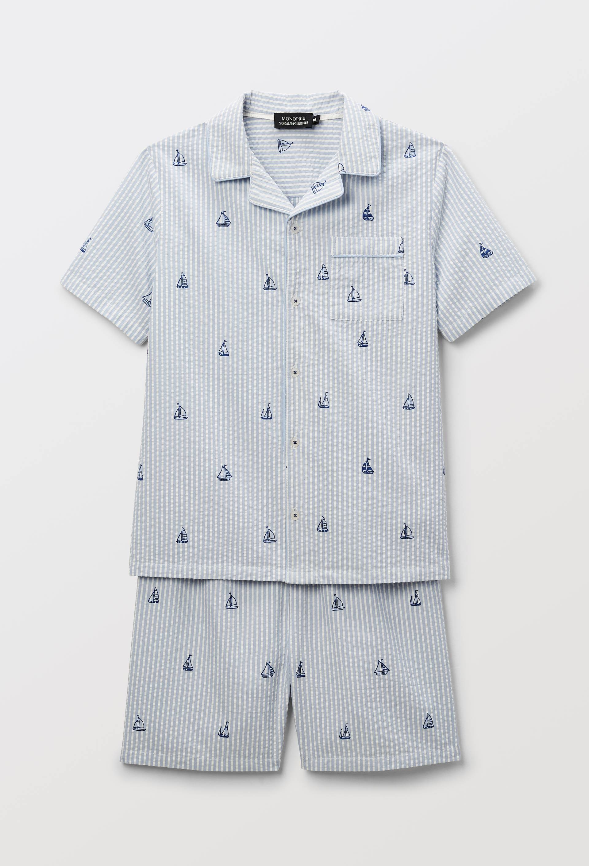 Pyjama chemise short  ray&eacute; et imprim&eacute; en coton BIO GOTS, Bleu, large image number 0.0
