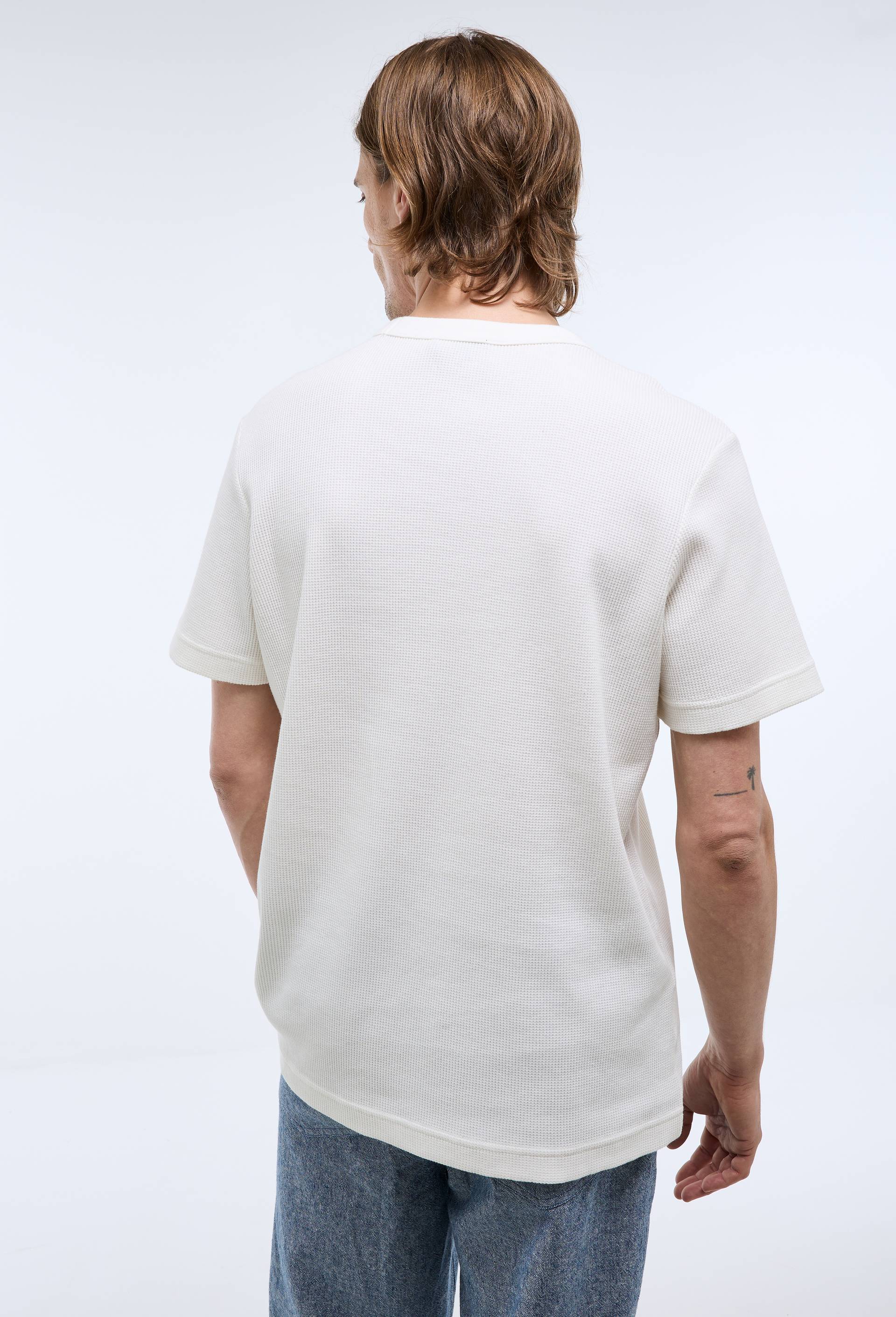 T-shirt col rond manches courtes gaufr&eacute; en coton bio GOTS, Ecru, large image number 1