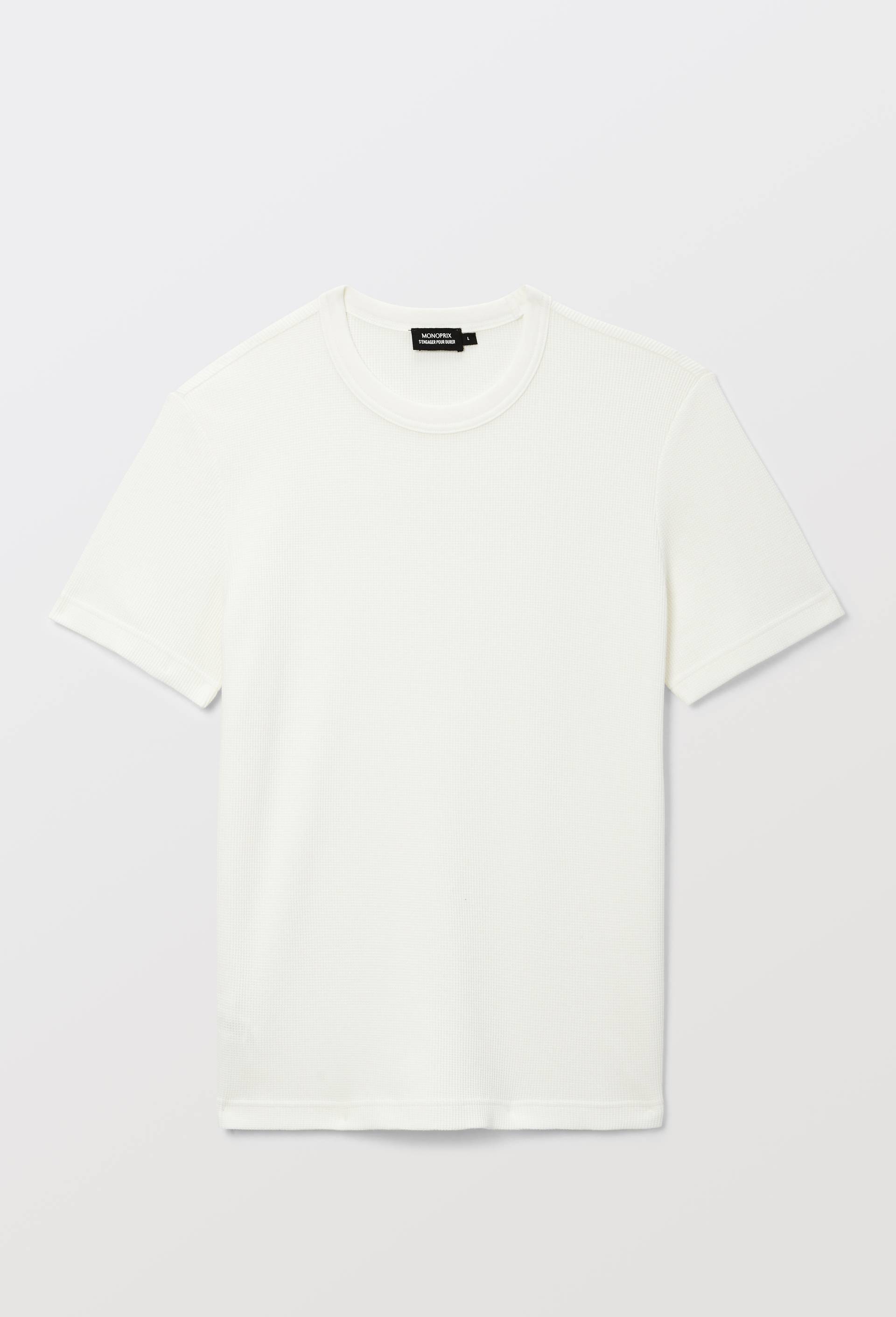 T-shirt col rond manches courtes gaufr&eacute; en coton bio GOTS, Ecru, large image number 2