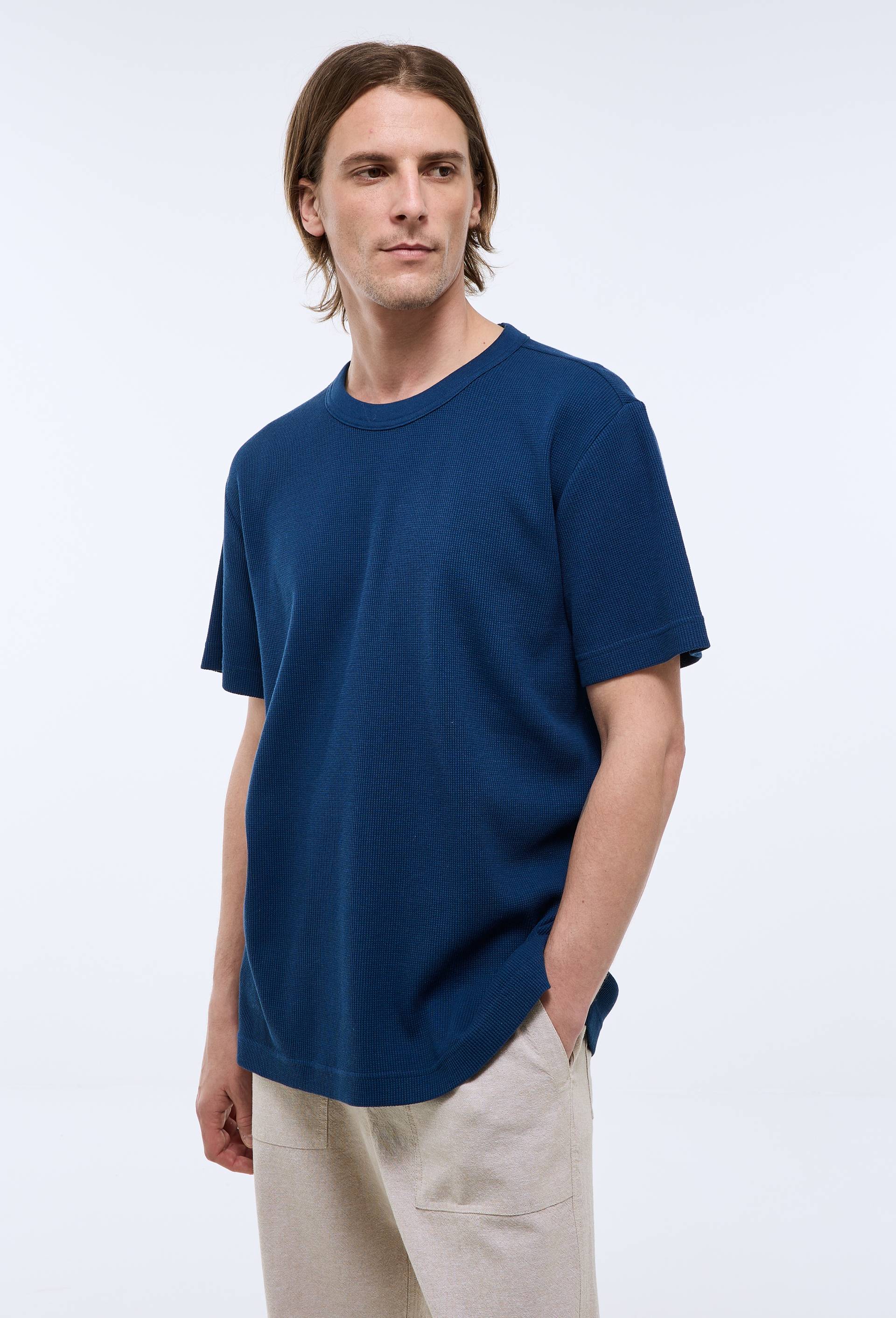 T-shirt col rond manches courtes gaufr&eacute; en coton bio GOTS, Bleu fonc&eacute;, large image number 0