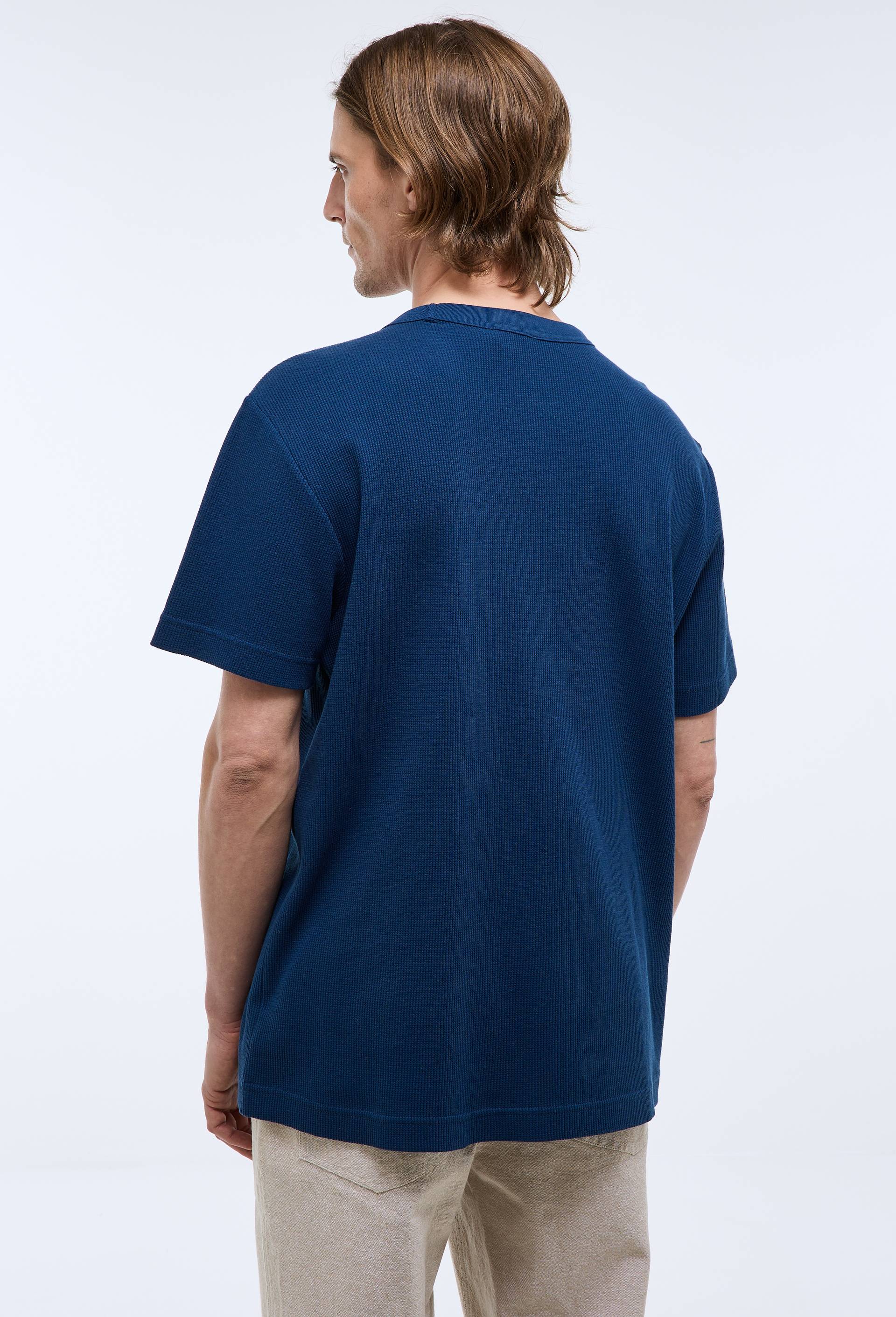 T-shirt col rond manches courtes gaufr&eacute; en coton bio GOTS, Bleu fonc&eacute;, large image number 2