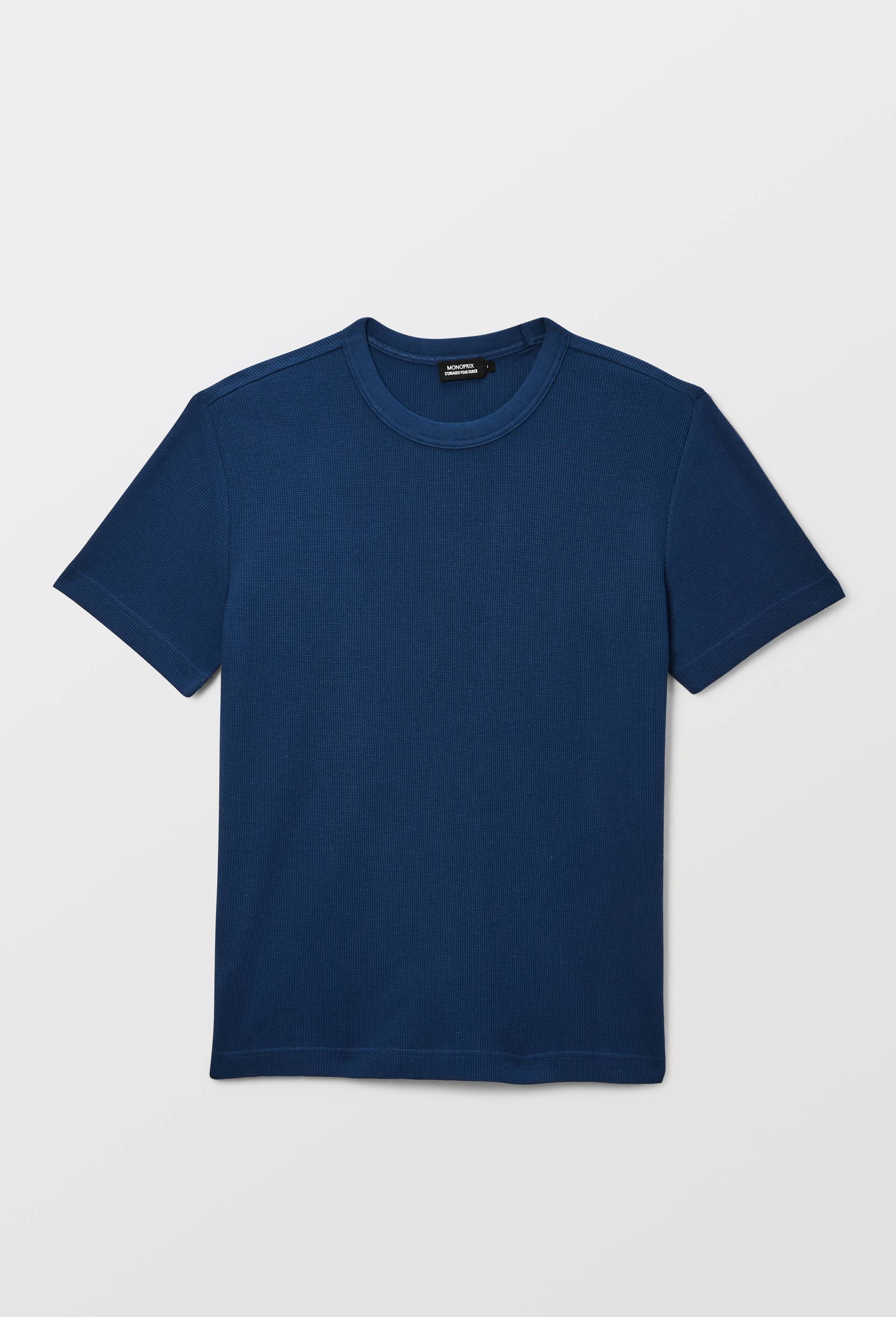 T-shirt col rond manches courtes gaufr&eacute; en coton bio GOTS, Bleu fonc&eacute;, large image number 3