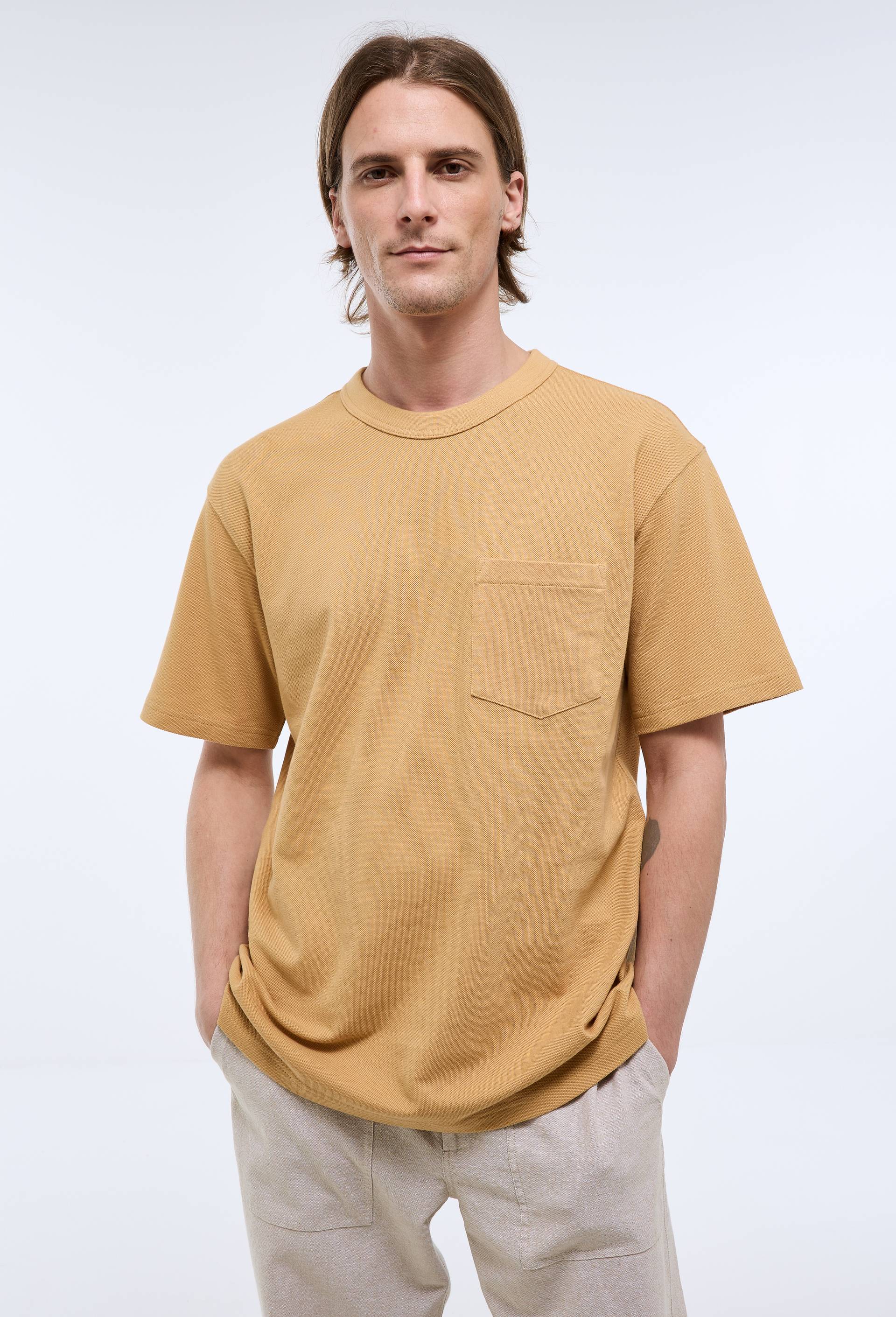 T-shirt col rond manches courtes piqu&eacute; en coton bio GOTS, Beige, large image number 0.0