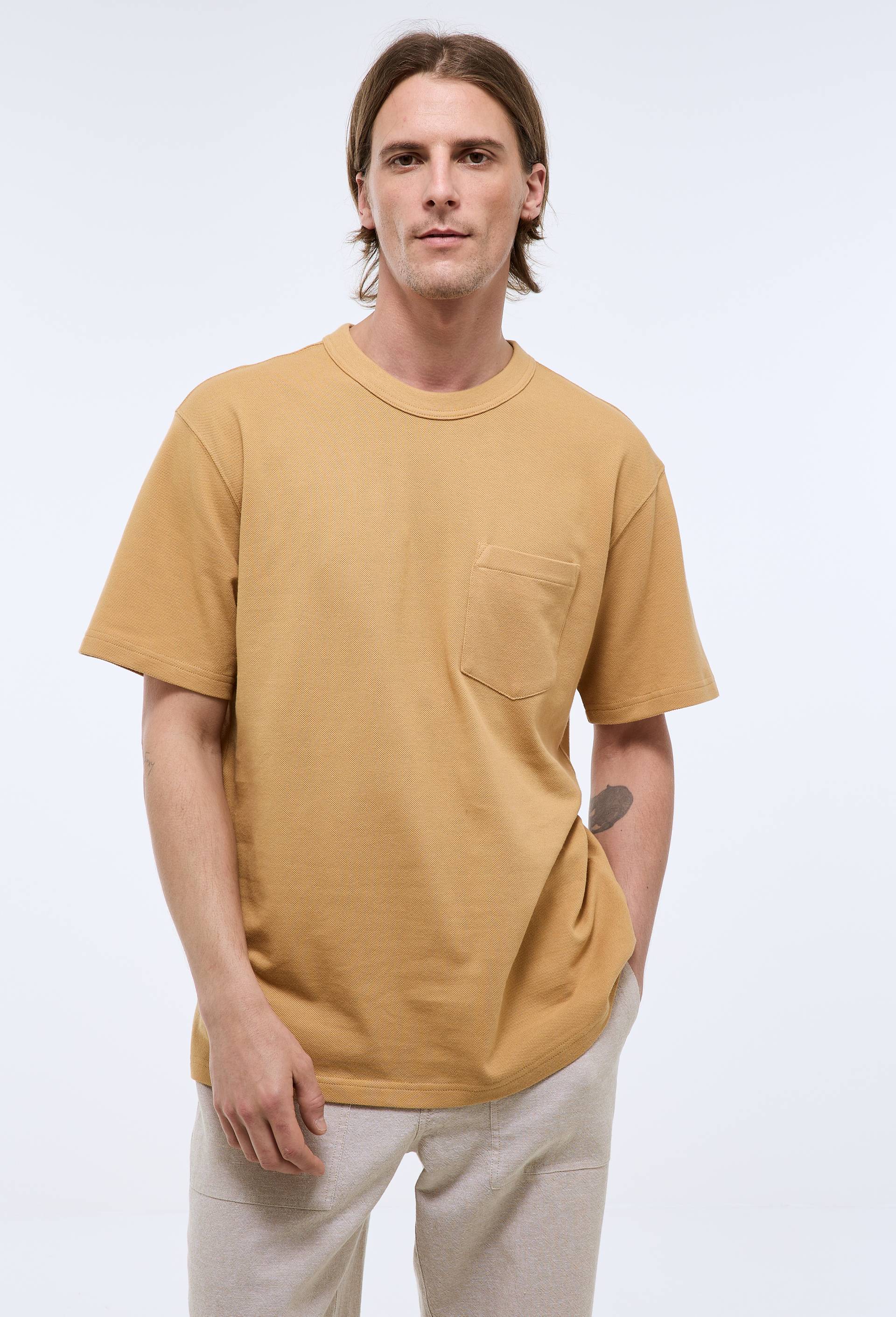 T-shirt col rond manches courtes piqu&eacute; en coton bio GOTS, Beige, large image number 1
