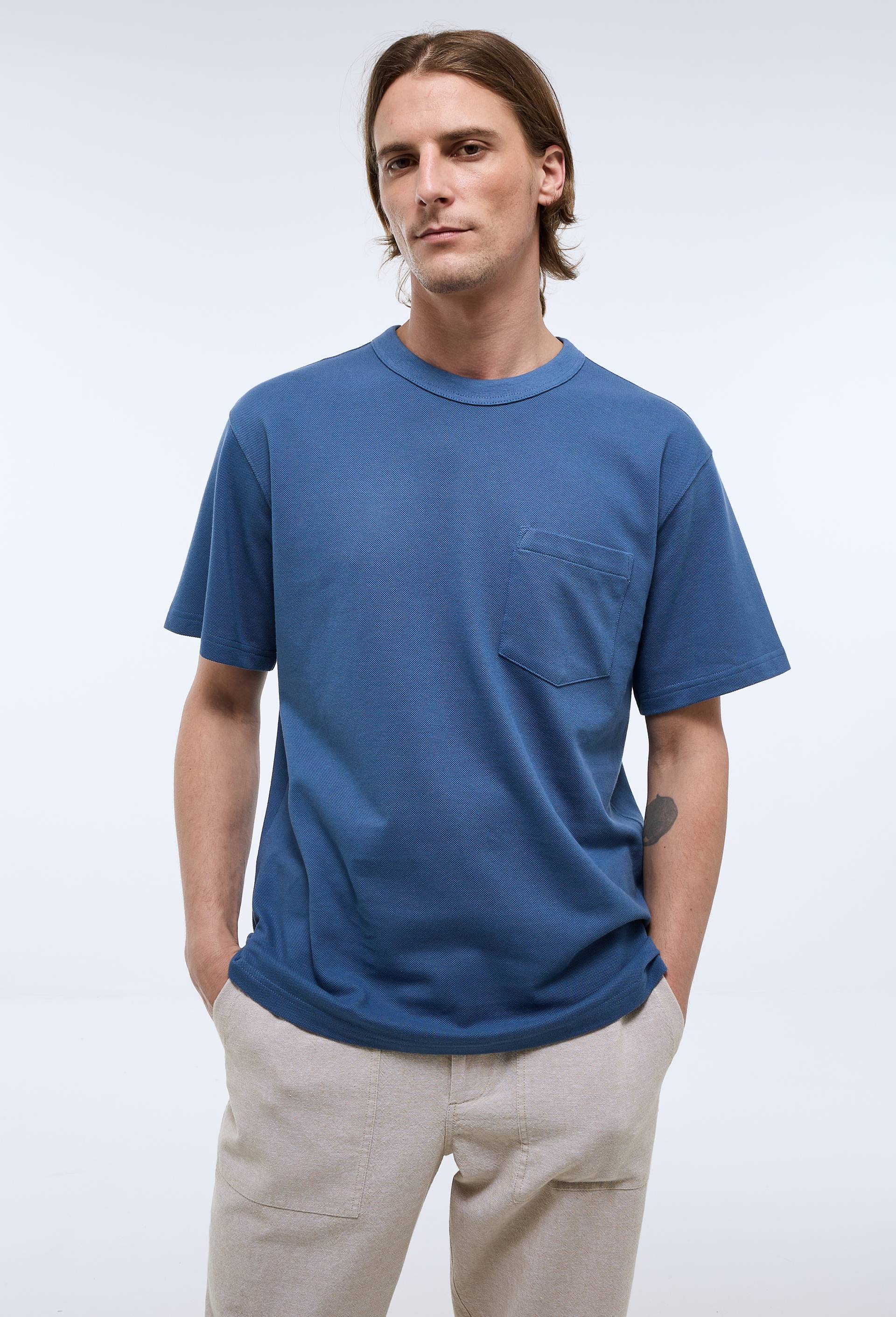 T-shirt col rond manches courtes piqu&eacute; en coton bio GOTS, Bleu, large image number 0.0