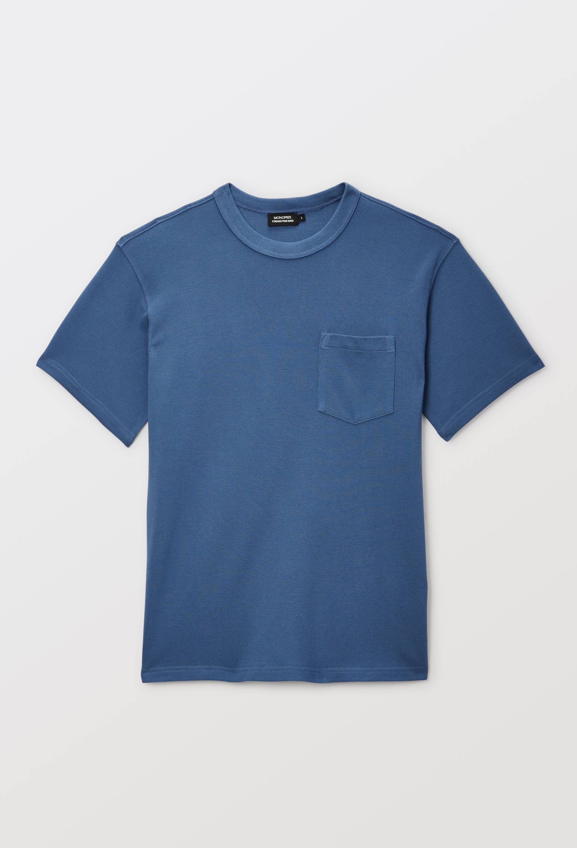 T-shirt col rond manches courtes piqu&eacute; en coton bio GOTS, Bleu, large image number 2