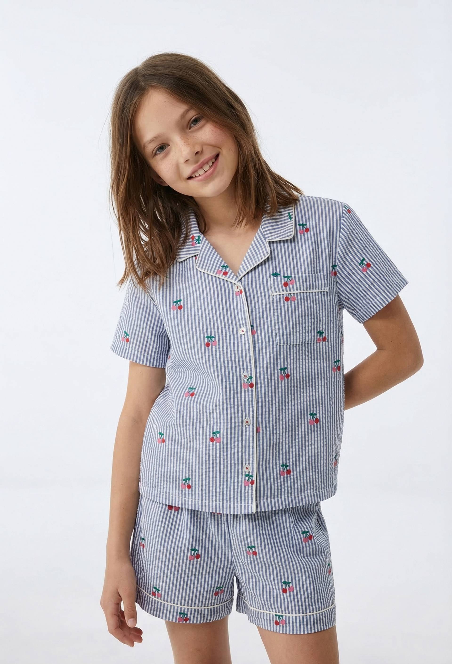 Pyjama chemise short ray&eacute; en coton BIO GOTS, Bleu, large image number 0
