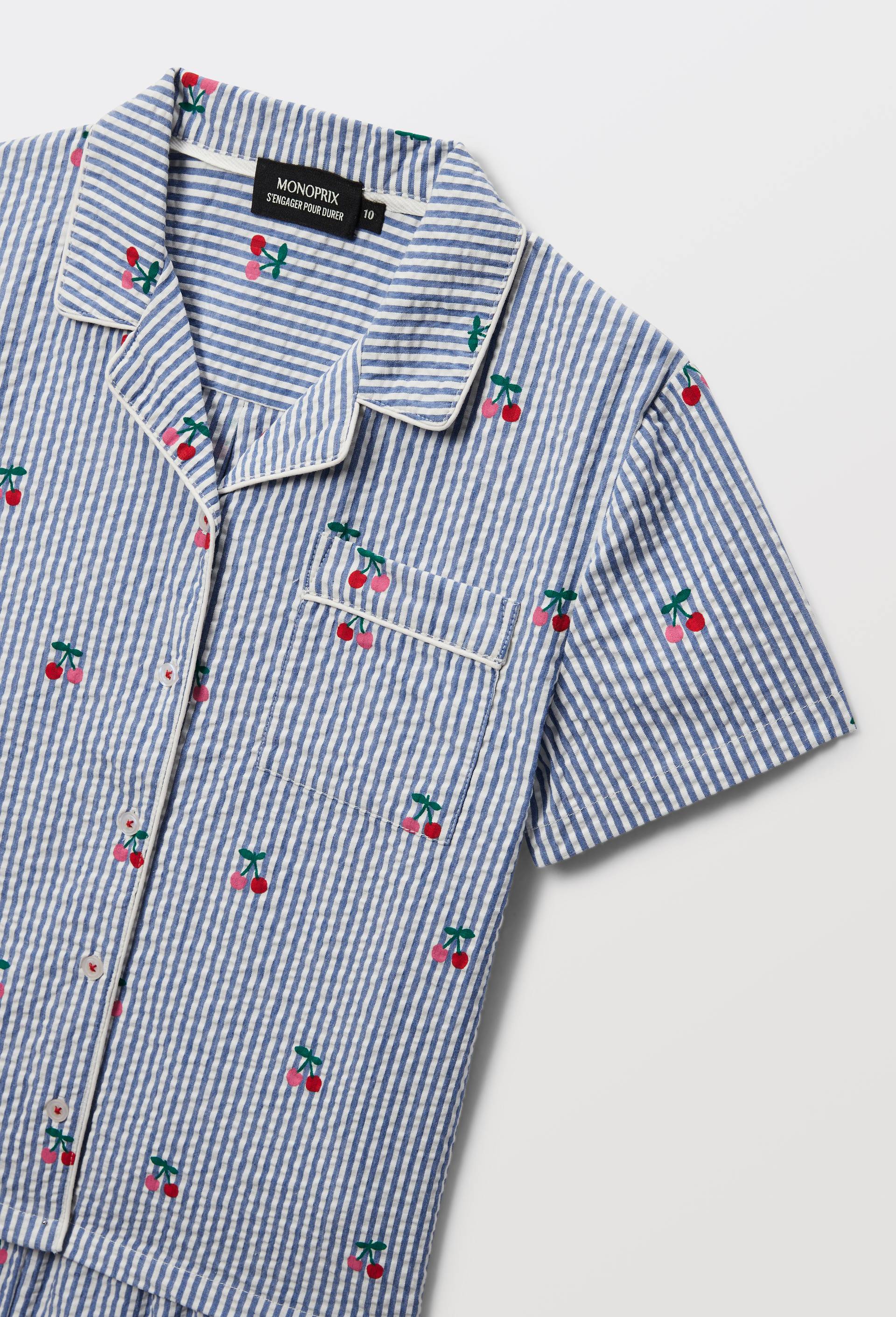 Pyjama chemise short ray&eacute; en coton BIO GOTS, Bleu, large image number 3