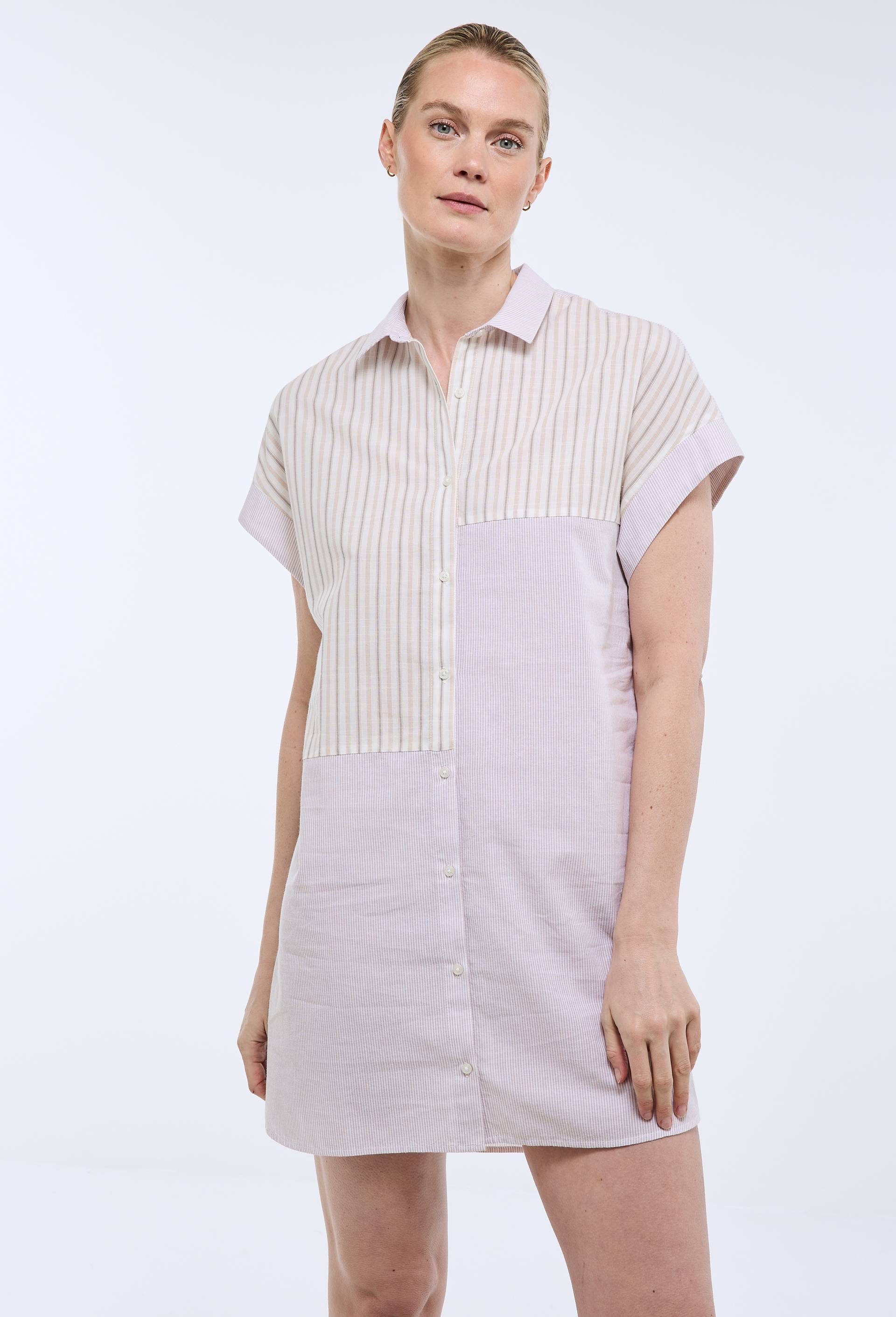 Chemise de nuit &agrave; rayures en patchwork en coton bio GOTS, Ecru, large image number 0