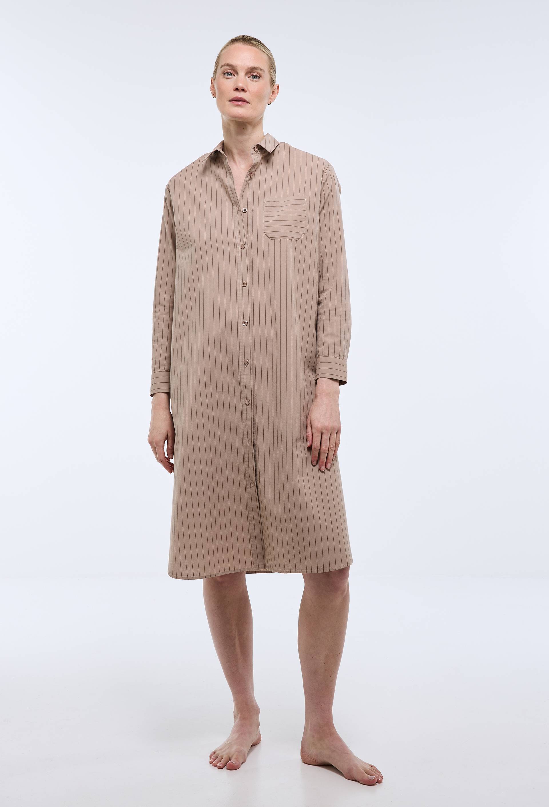 Chemise de nuit &agrave; manches longues ray&eacute;e en coton bio GOTS, Beige, large image number 0