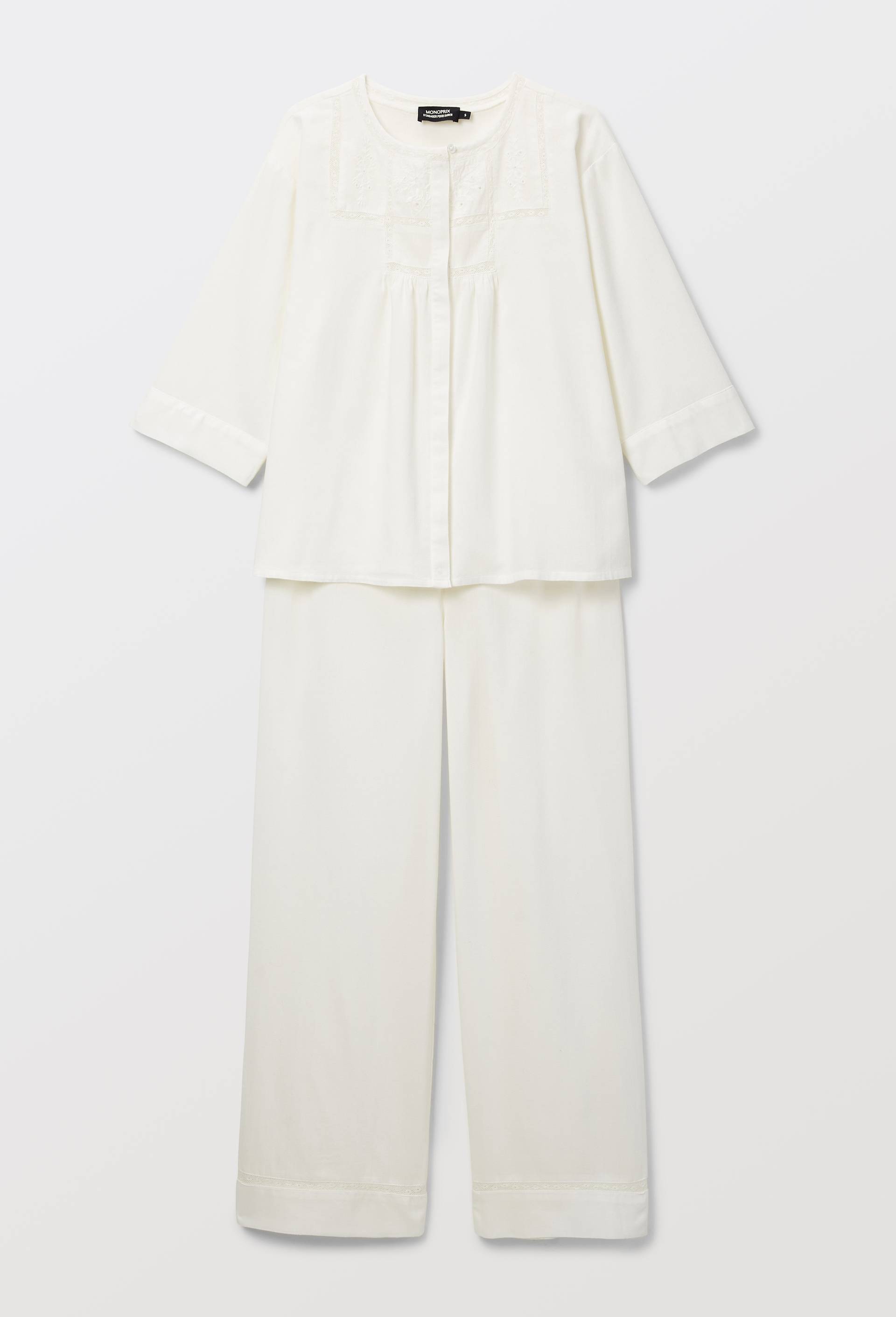 Pyjama en dentelle et twill de coton bio GOTS, Ecru, large image number 2