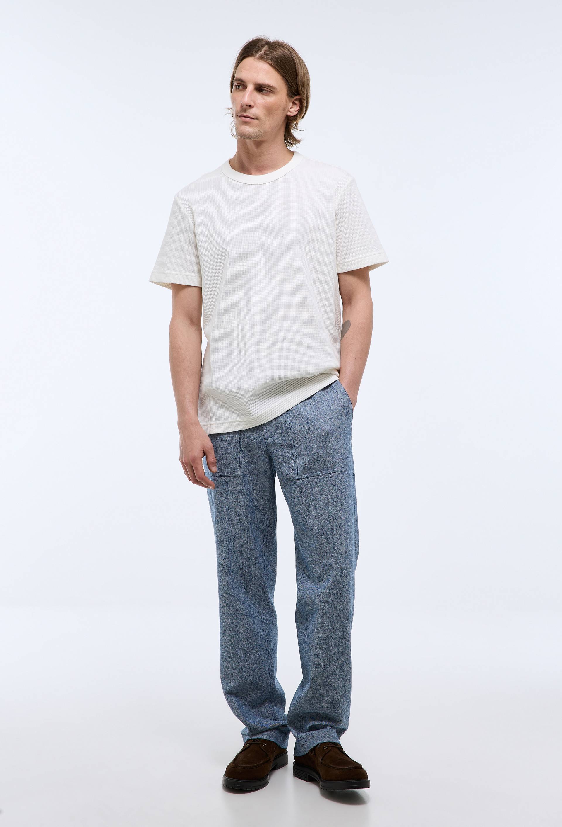 Pantalon &eacute;lastiqu&eacute; en m&eacute;lange coton et lin, Bleu fonc&eacute;, swatch image