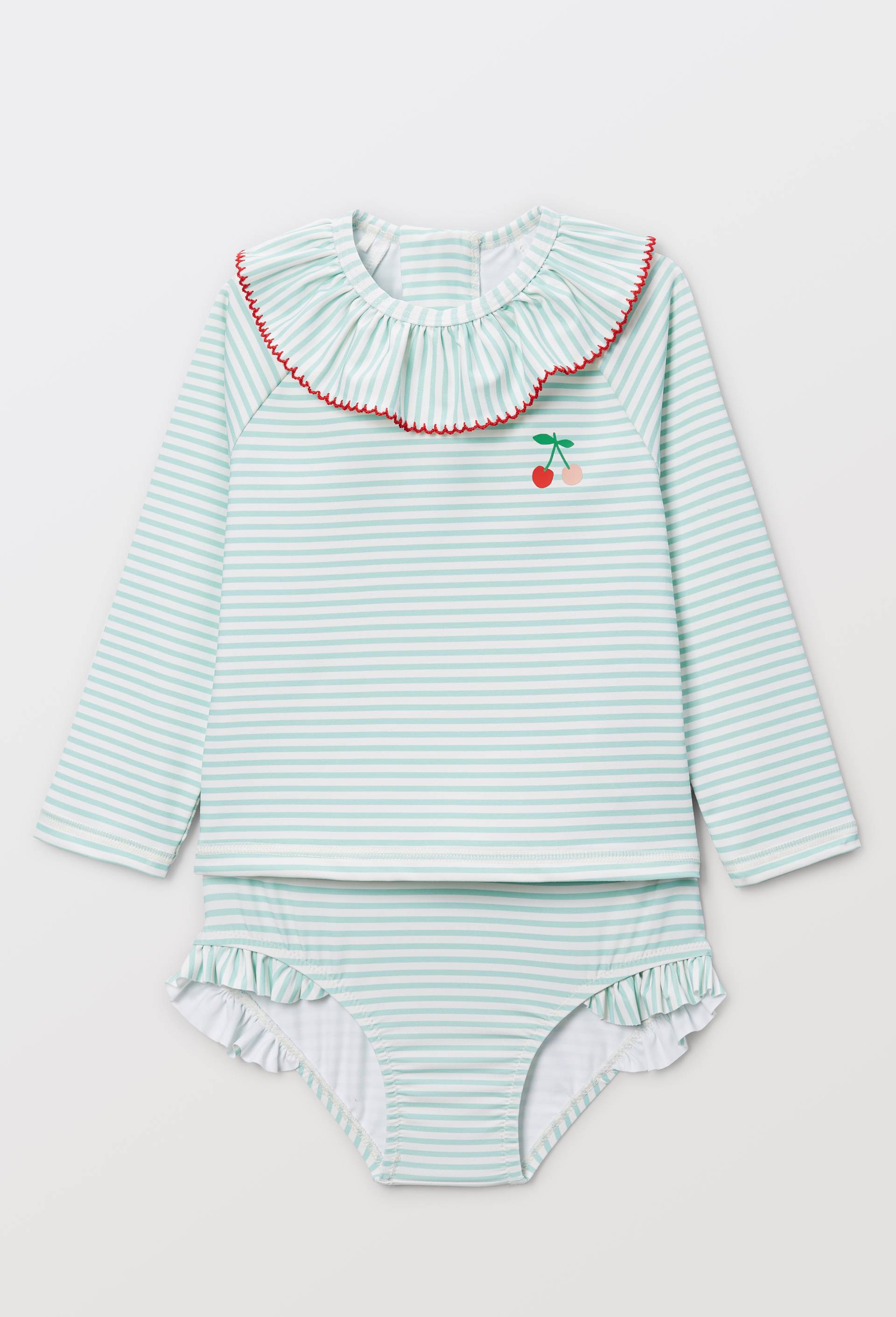 Maillot de bain tee-shirt manches longues et culotte ray&eacute;s, Vert clair, large image number 0