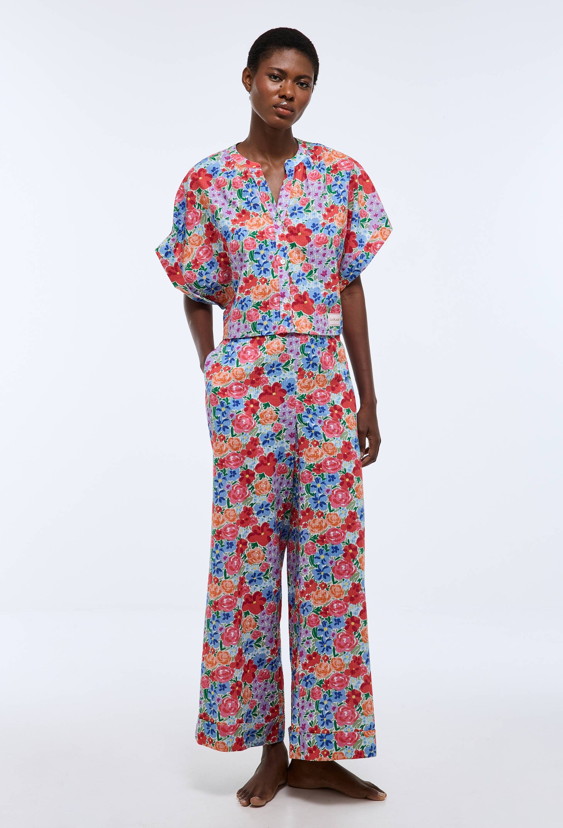 Pantalon de plage imprim&eacute; floral  en coton BIO GOTS, Bleu, large image number 0.0