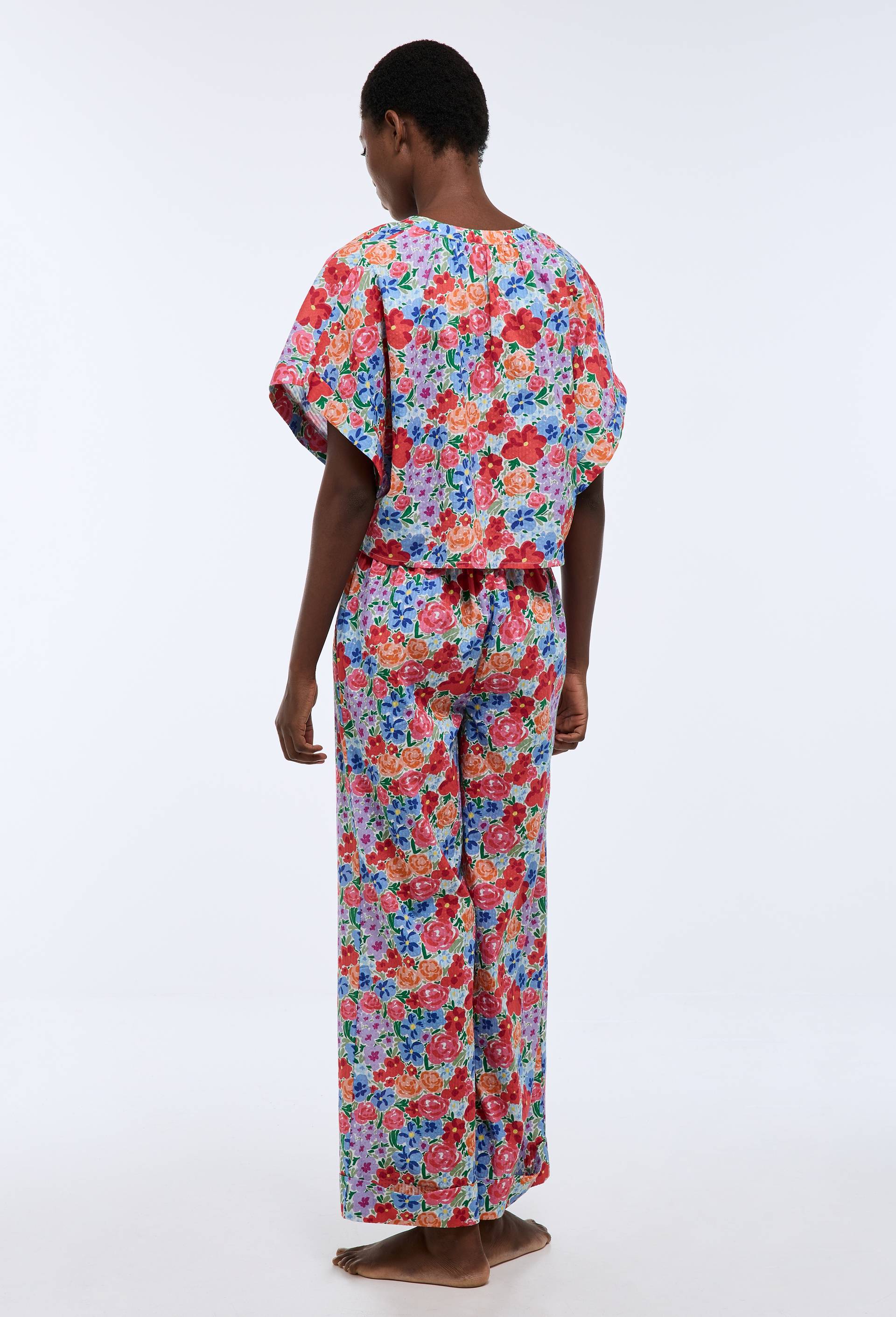 Pantalon de plage imprim&eacute; floral  en coton BIO GOTS, Bleu, large image number 1