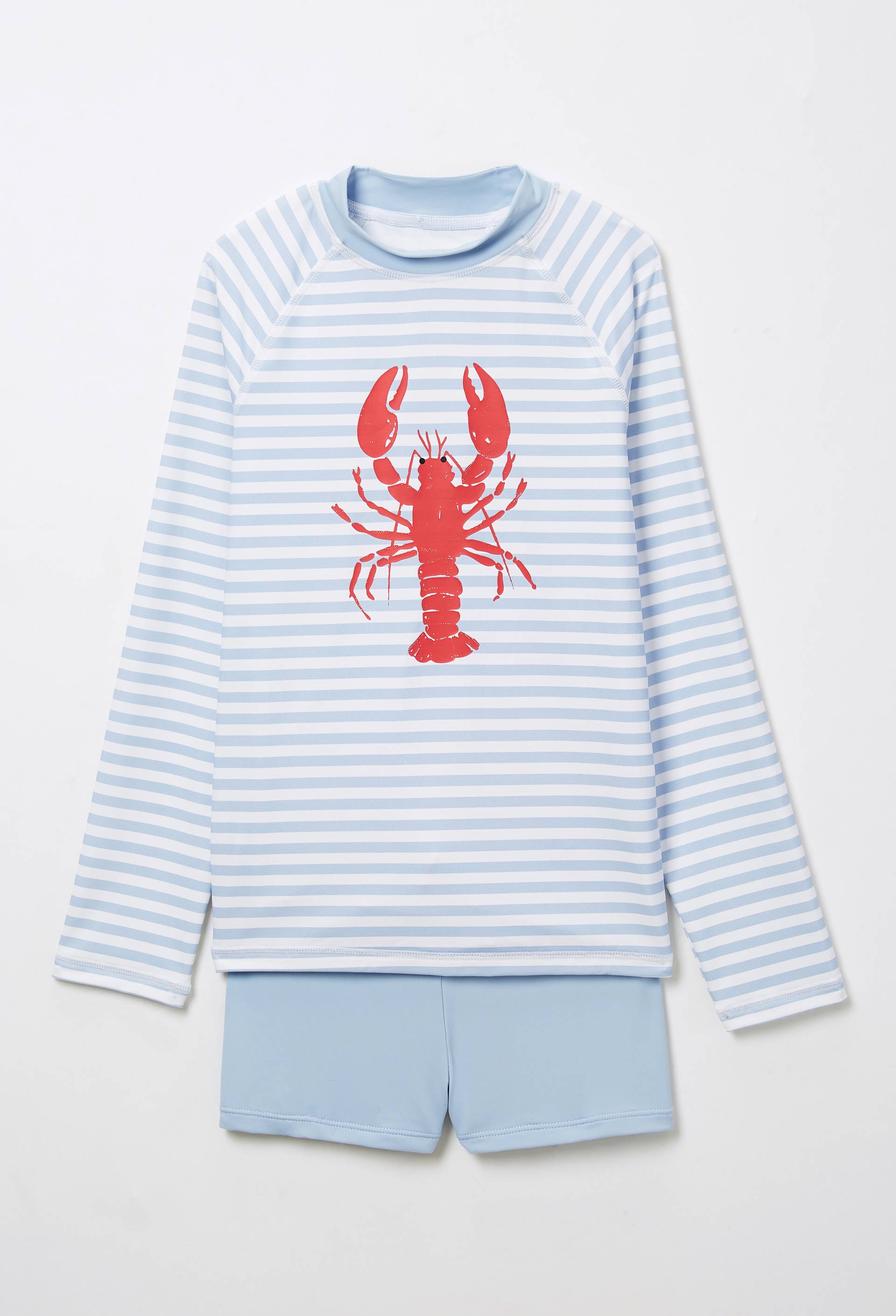 Maillot de bain t-shirt manches longues ray&eacute; et short uni, Bleu clair, large image number 0.0