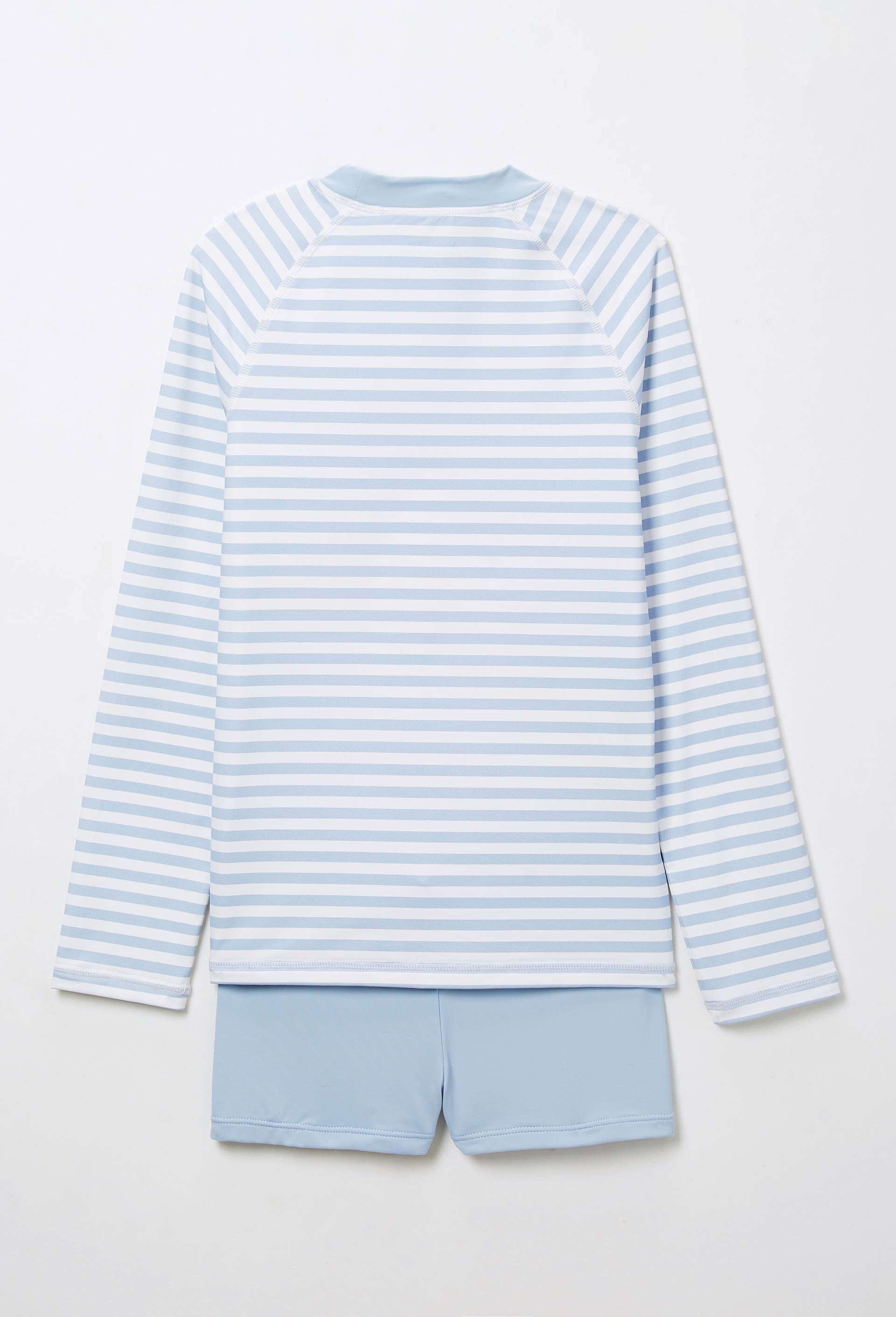 Maillot de bain t-shirt manches longues ray&eacute; et short uni, Bleu clair, large image number 1