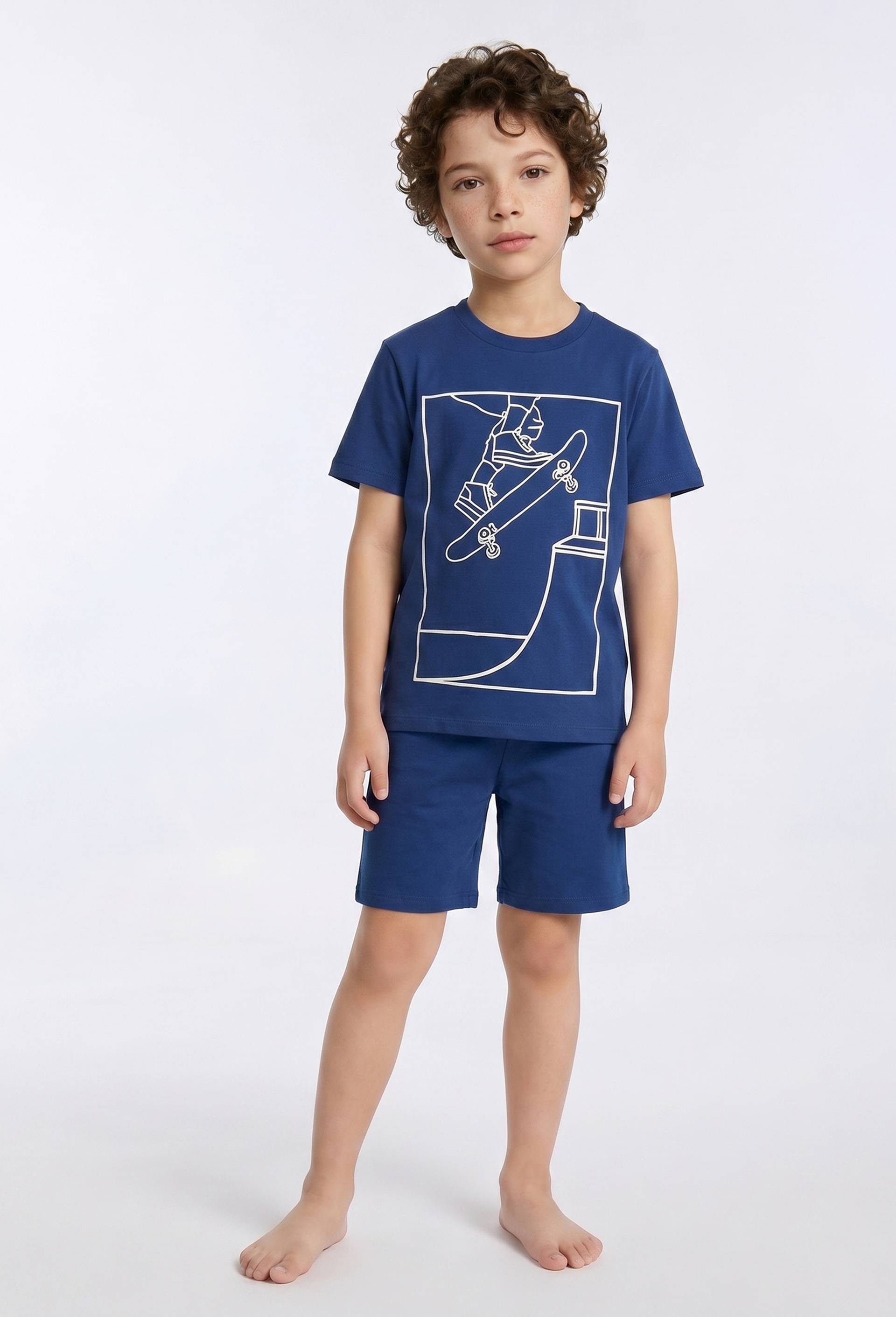 Lot de 2 pyjamas shorts imprim&eacute; en jersey coton BIO GOTS, Bleu fonc&eacute;, large image number 1