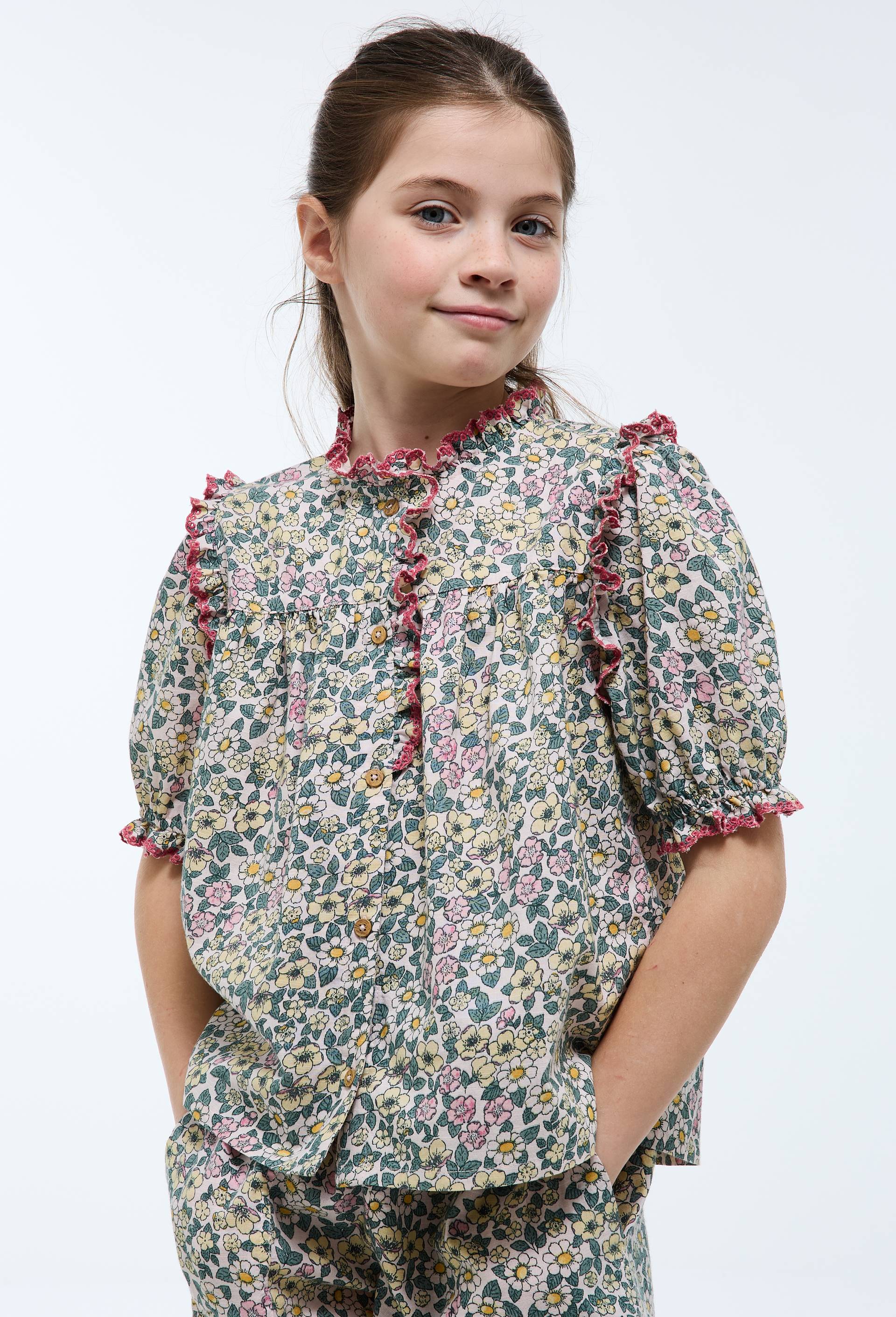 Blouse manches courtes imprim&eacute;e en coton, Beige clair, large image number 0