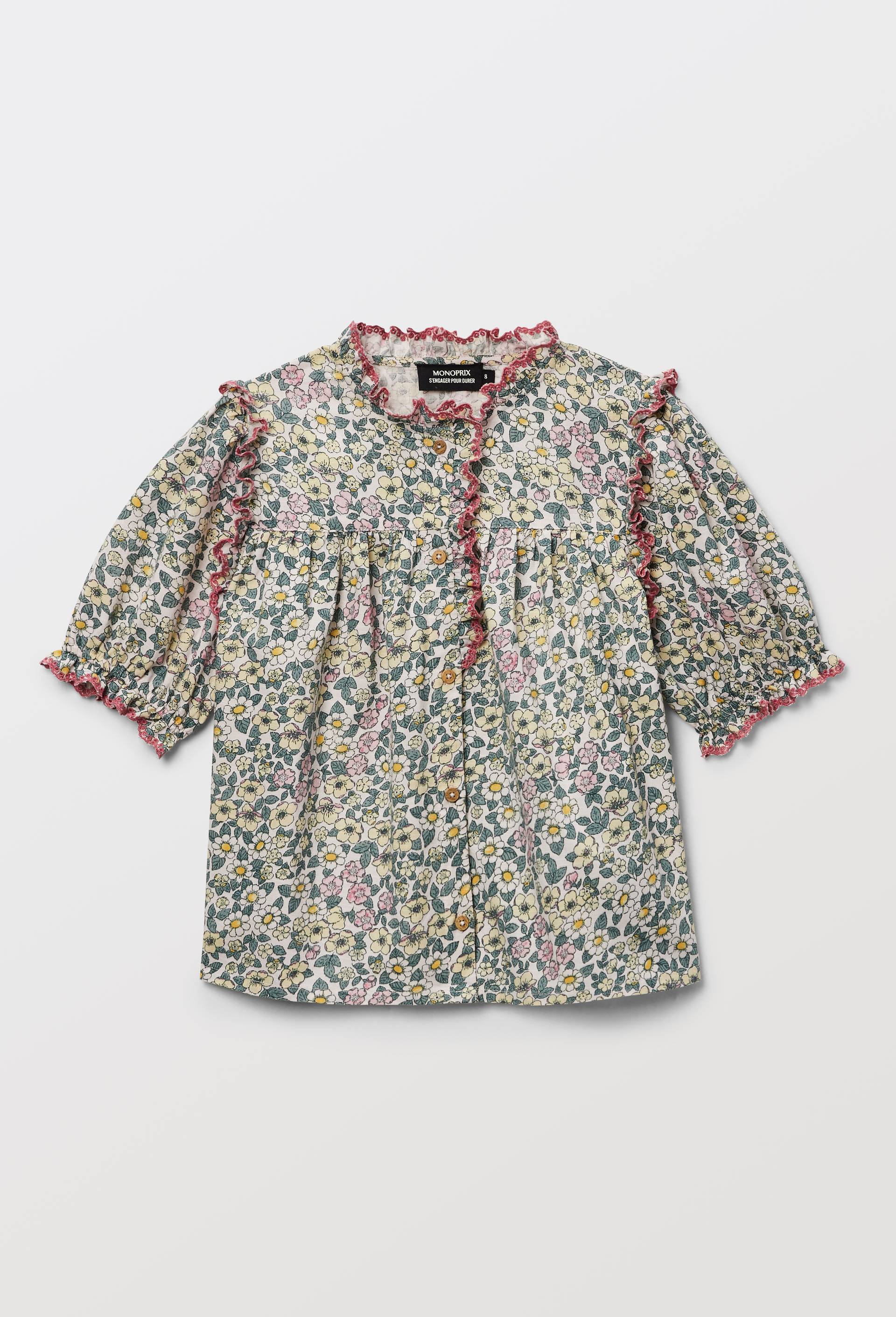 Blouse manches courtes imprim&eacute;e en coton, Beige clair, large image number 1
