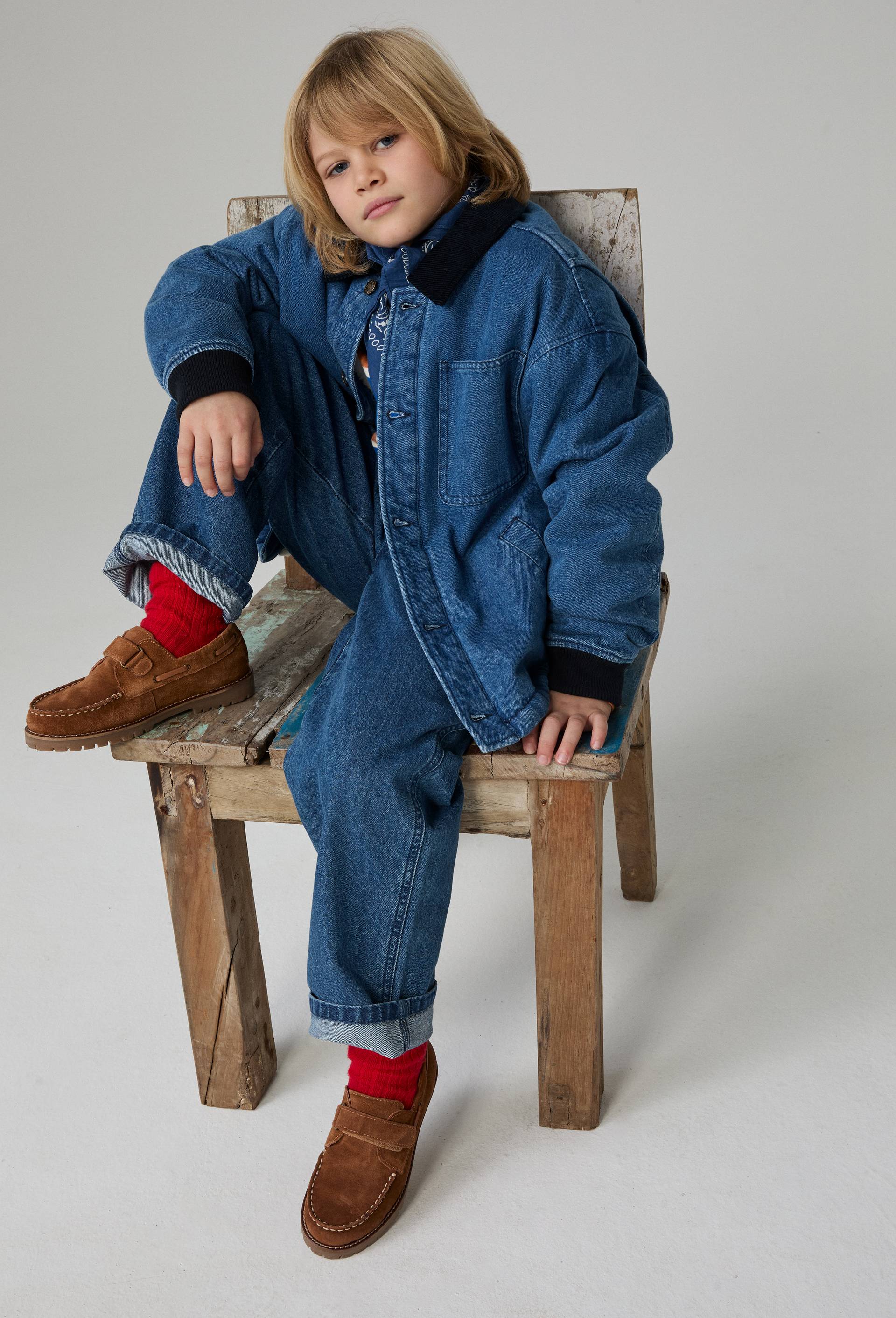 Veste col velours en jean doubl&eacute;e sherpa, Bleu, large image number 0