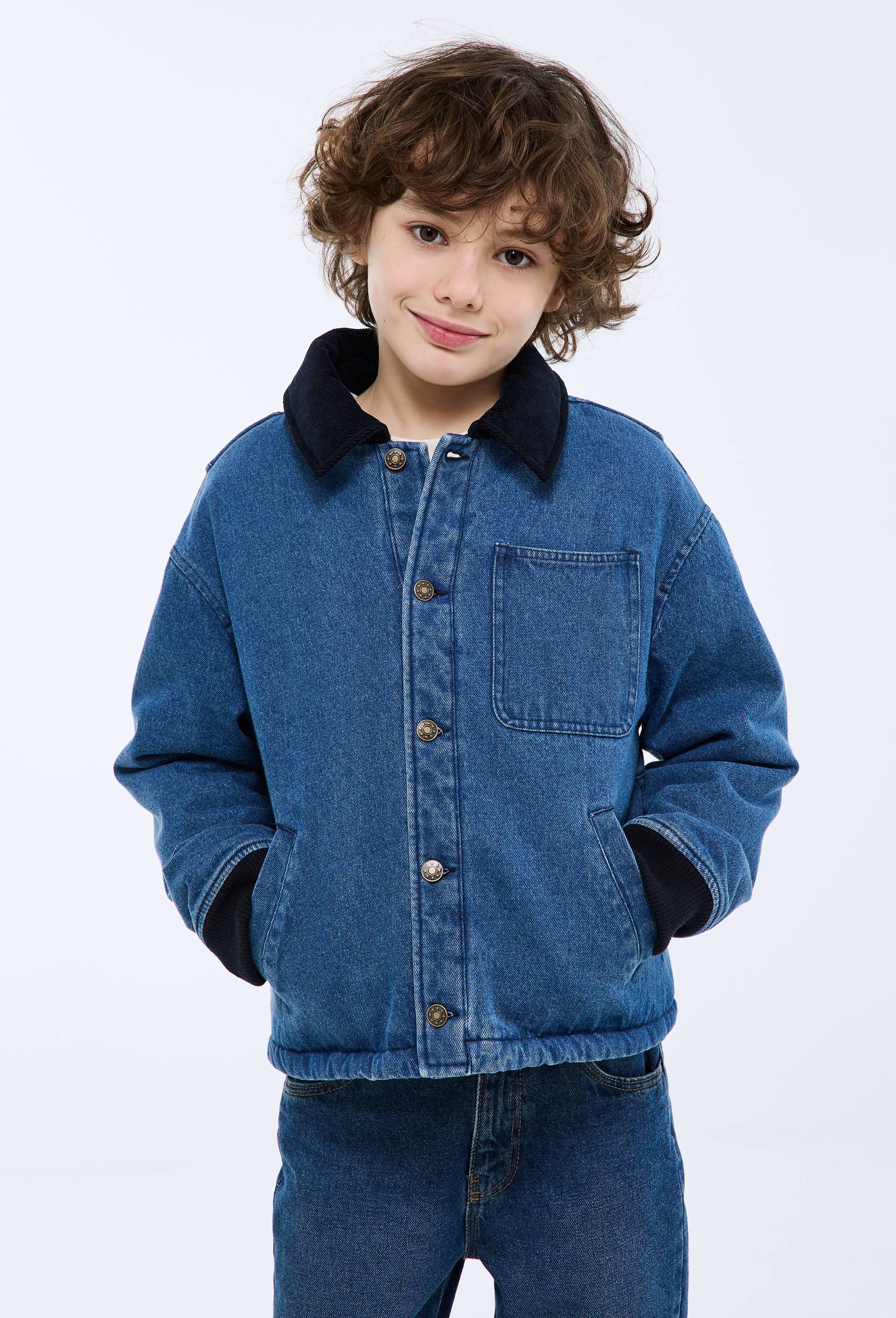 Veste col velours en jean doubl&eacute;e sherpa, Bleu, large image number 1.0