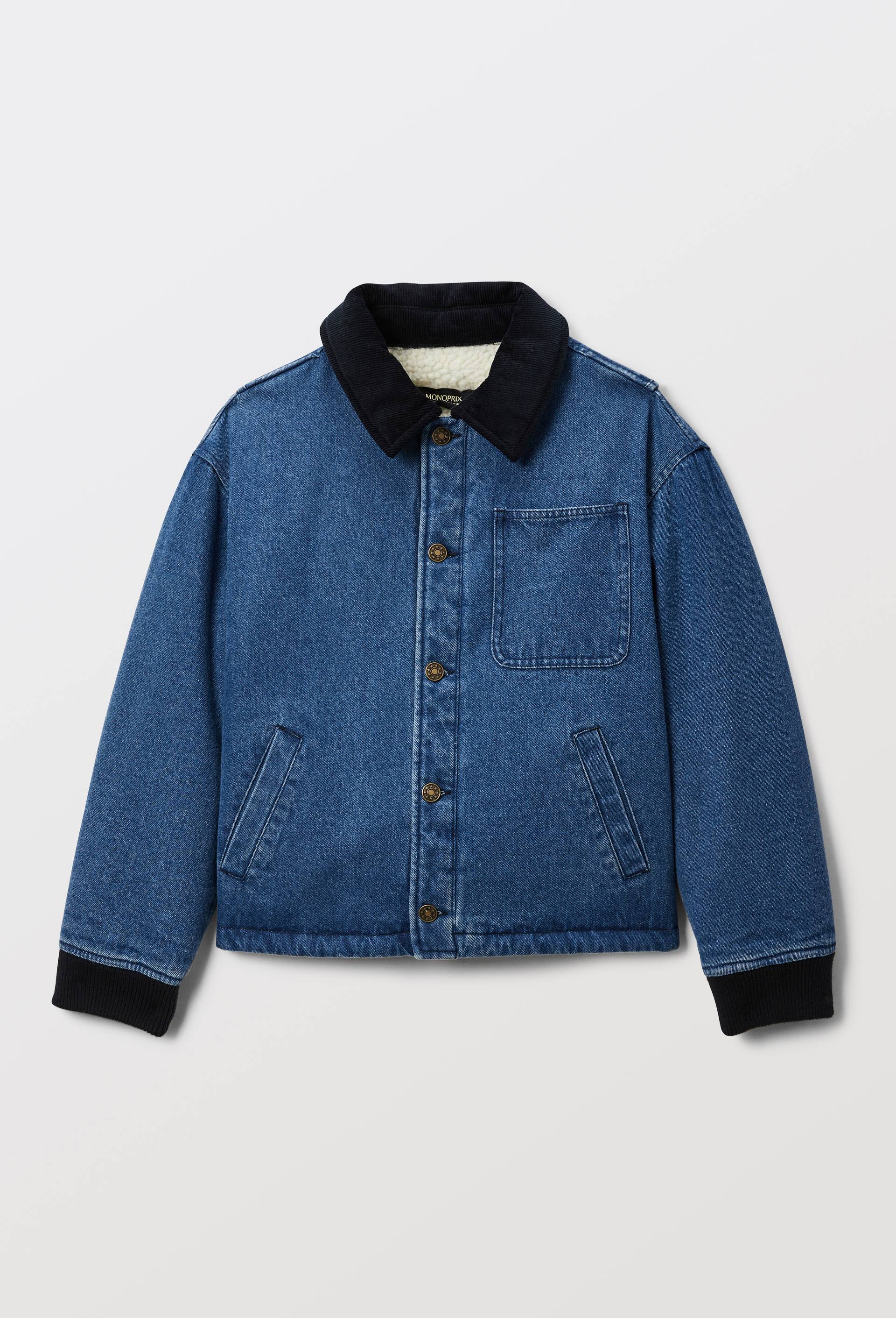 Veste col velours en jean doubl&eacute;e sherpa, Bleu, large image number 2