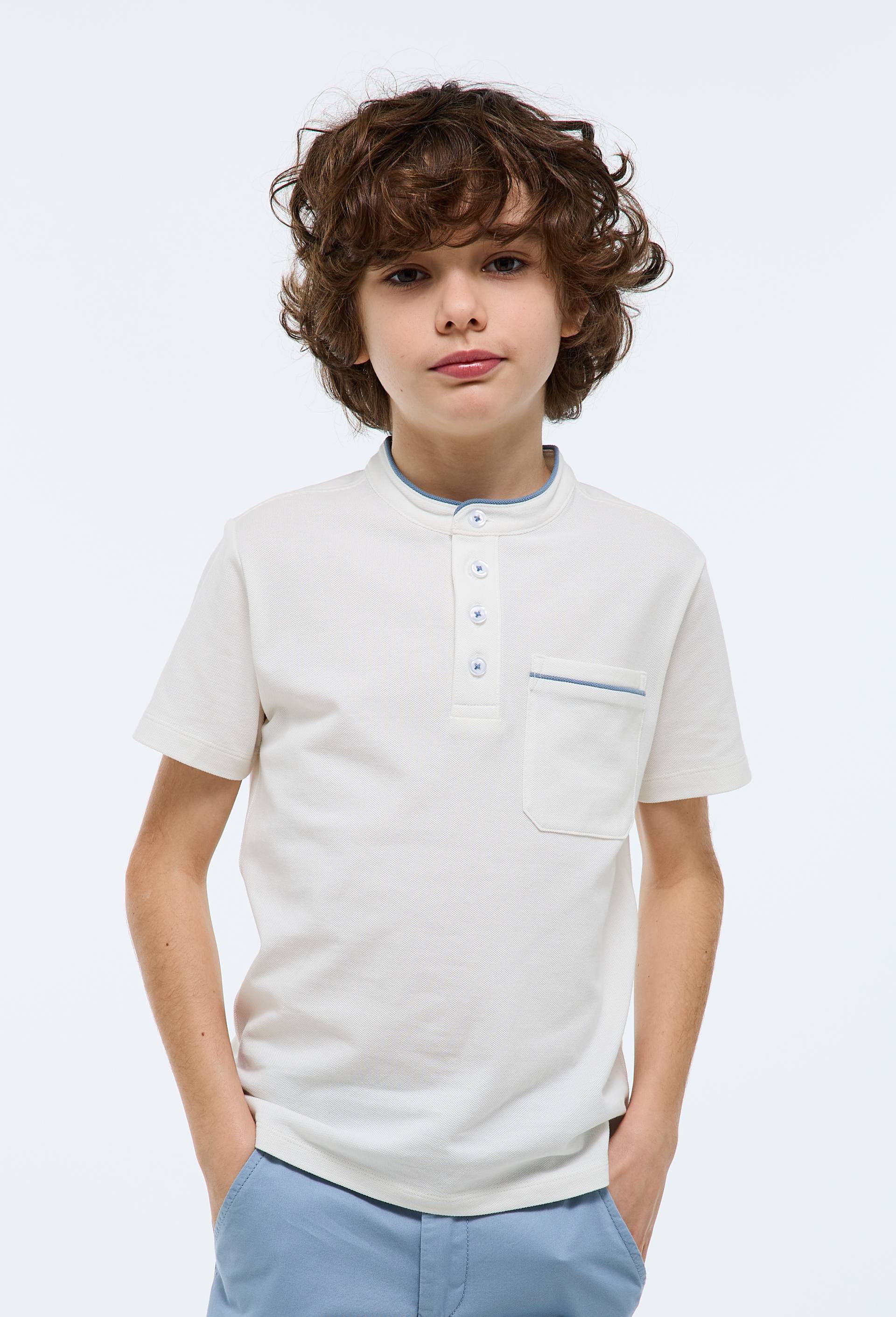 Polo manches courtes  col mao uni en coton BIO GOTS, Ecru, large image number 0.0
