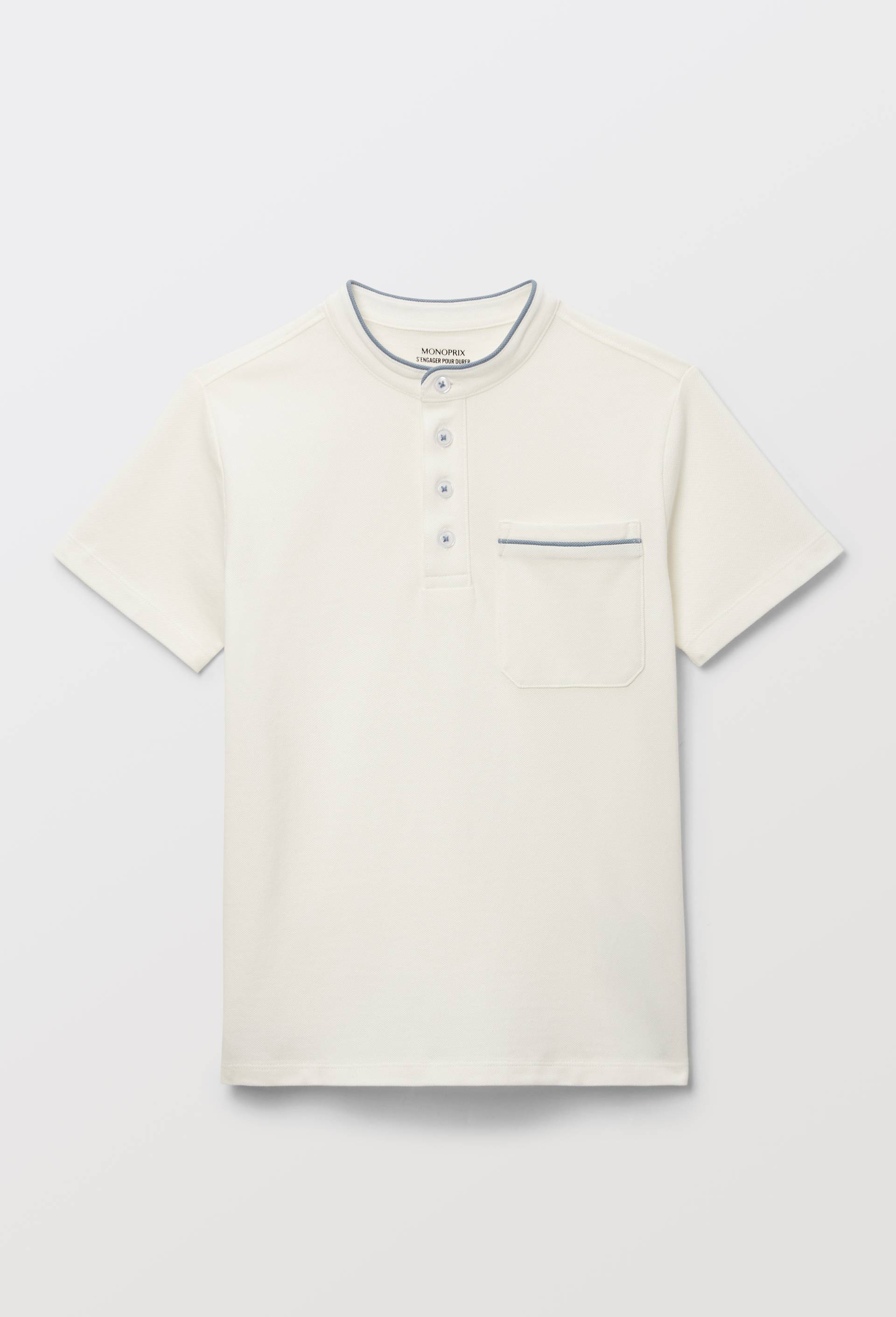 Polo manches courtes  col mao uni en coton BIO GOTS, Ecru, large image number 1.0