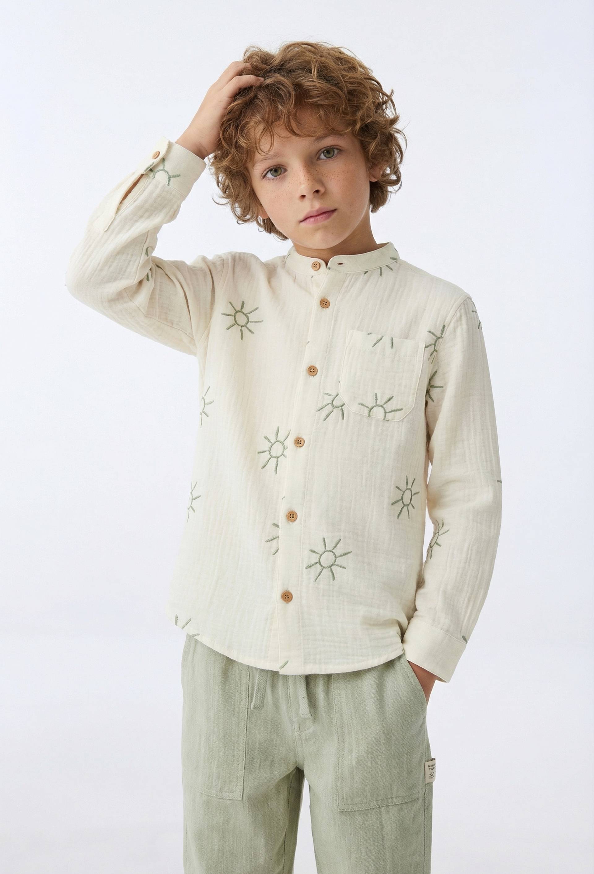 Chemise col mao brod&eacute;e en gaze de coton BIO GOTS, Beige clair, large image number 0