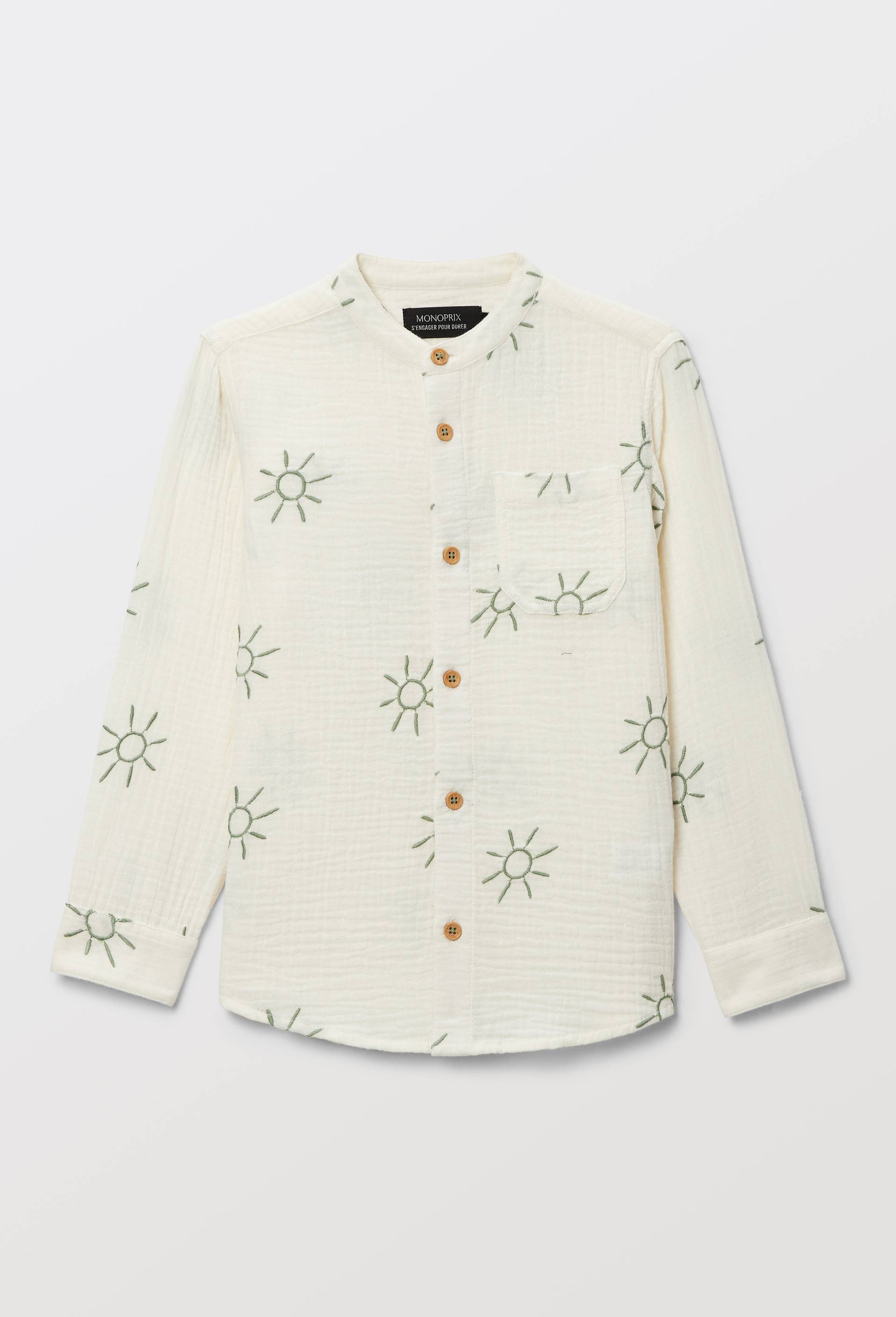 Chemise col mao brod&eacute;e en gaze de coton BIO GOTS, Beige clair, large image number 1