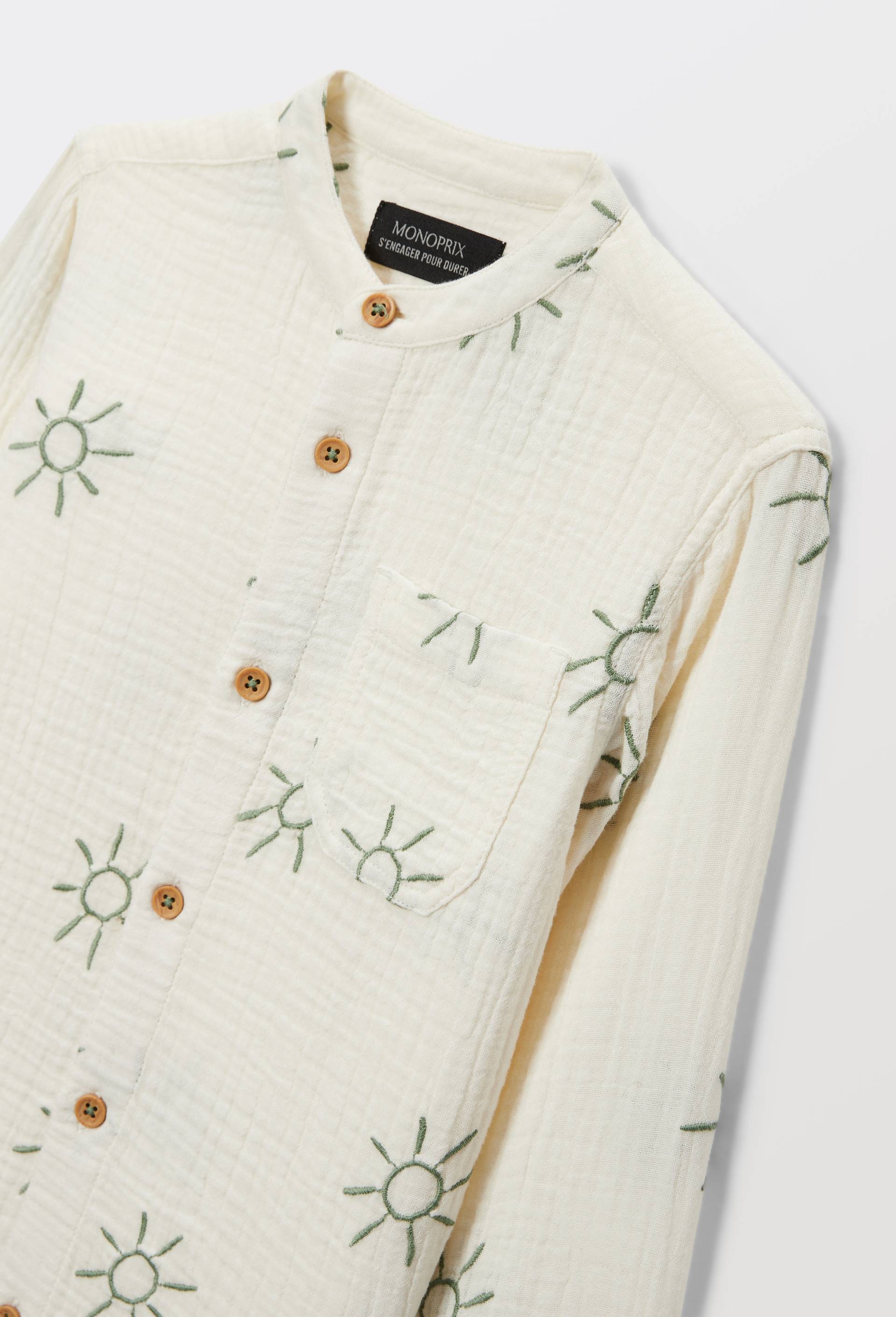 Chemise col mao brod&eacute;e en gaze de coton BIO GOTS, Beige clair, large image number 3