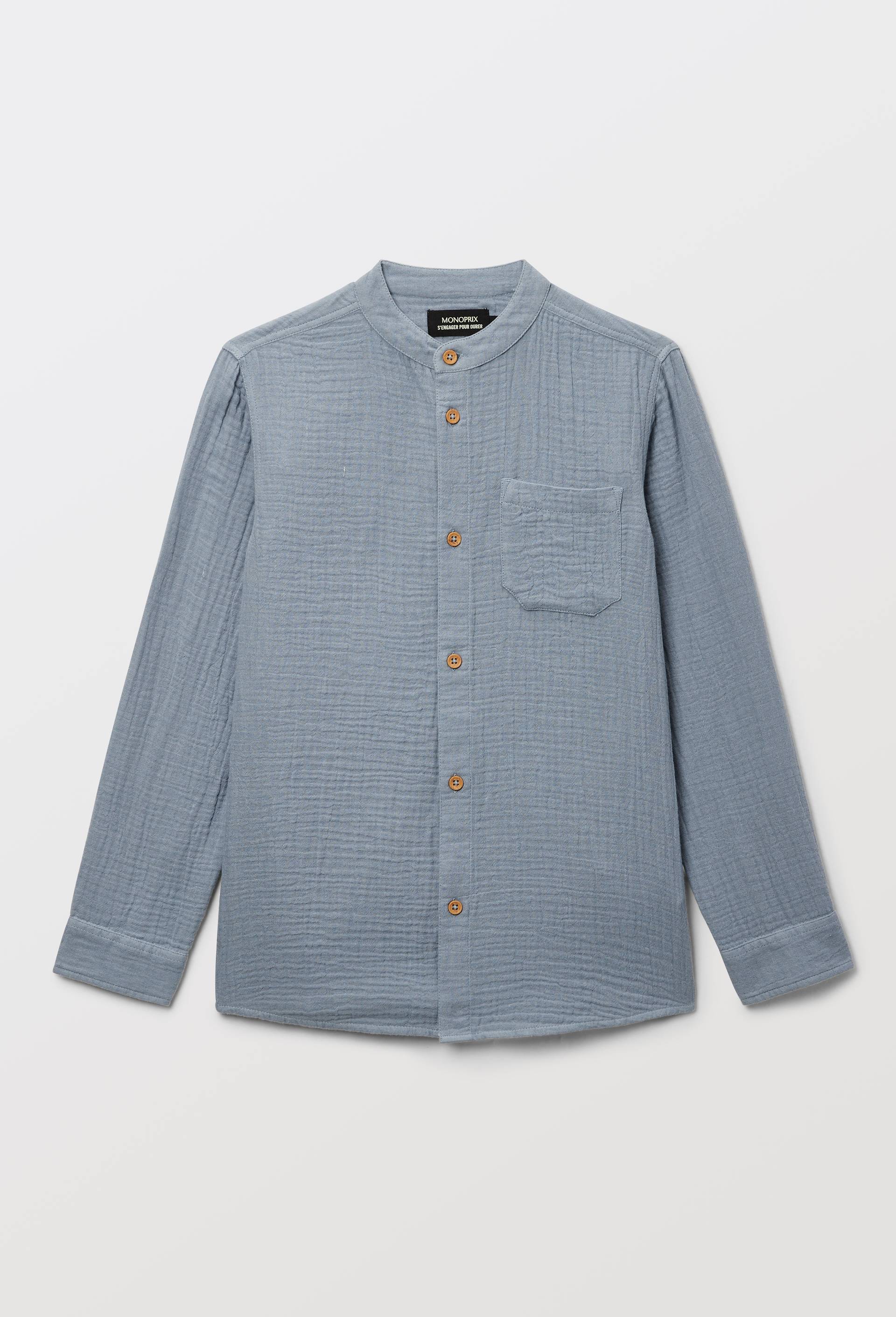 Chemise col mao unie en gaze de coton BIO GOTS, Bleu, large image number 1