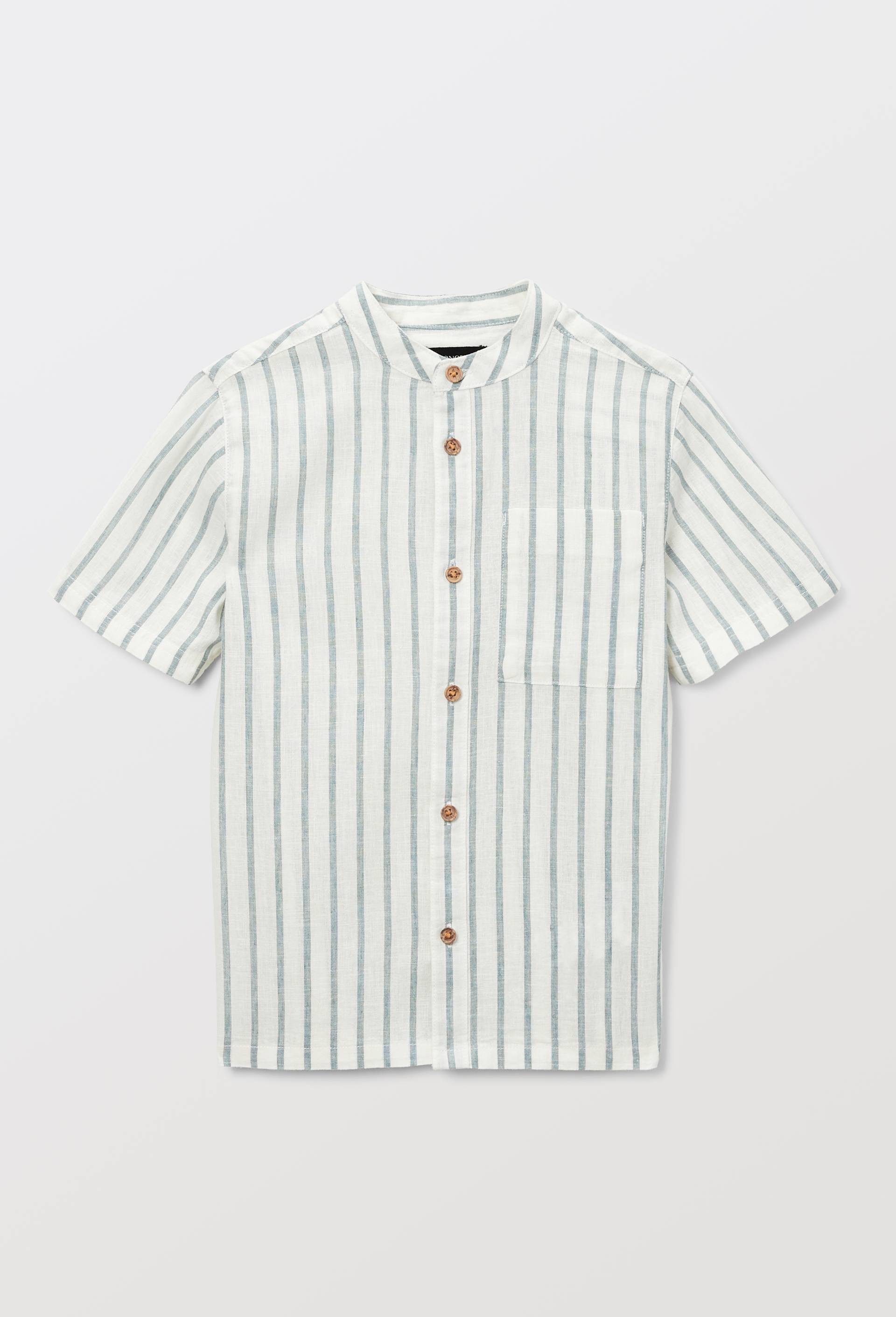 Chemise col mao manches courtes ray&eacute;e en coton et lin, Ecru, large image number 1