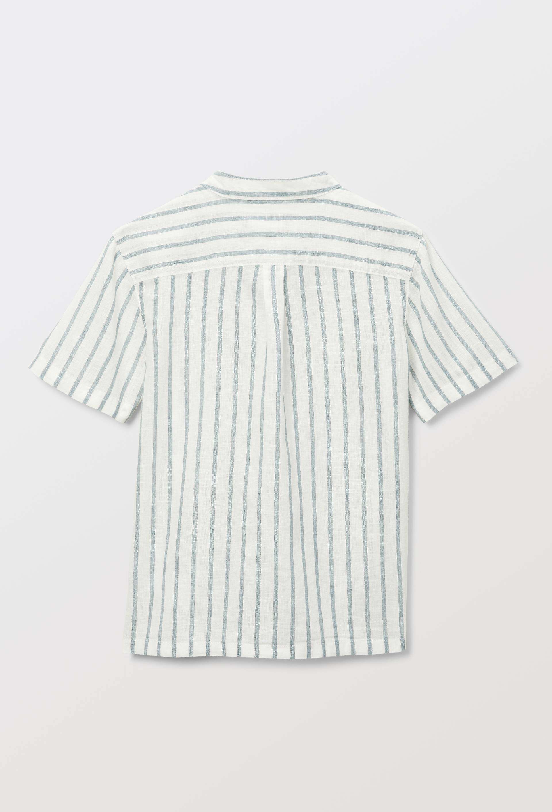 Chemise col mao manches courtes ray&eacute;e en coton et lin, Ecru, large image number 2.0