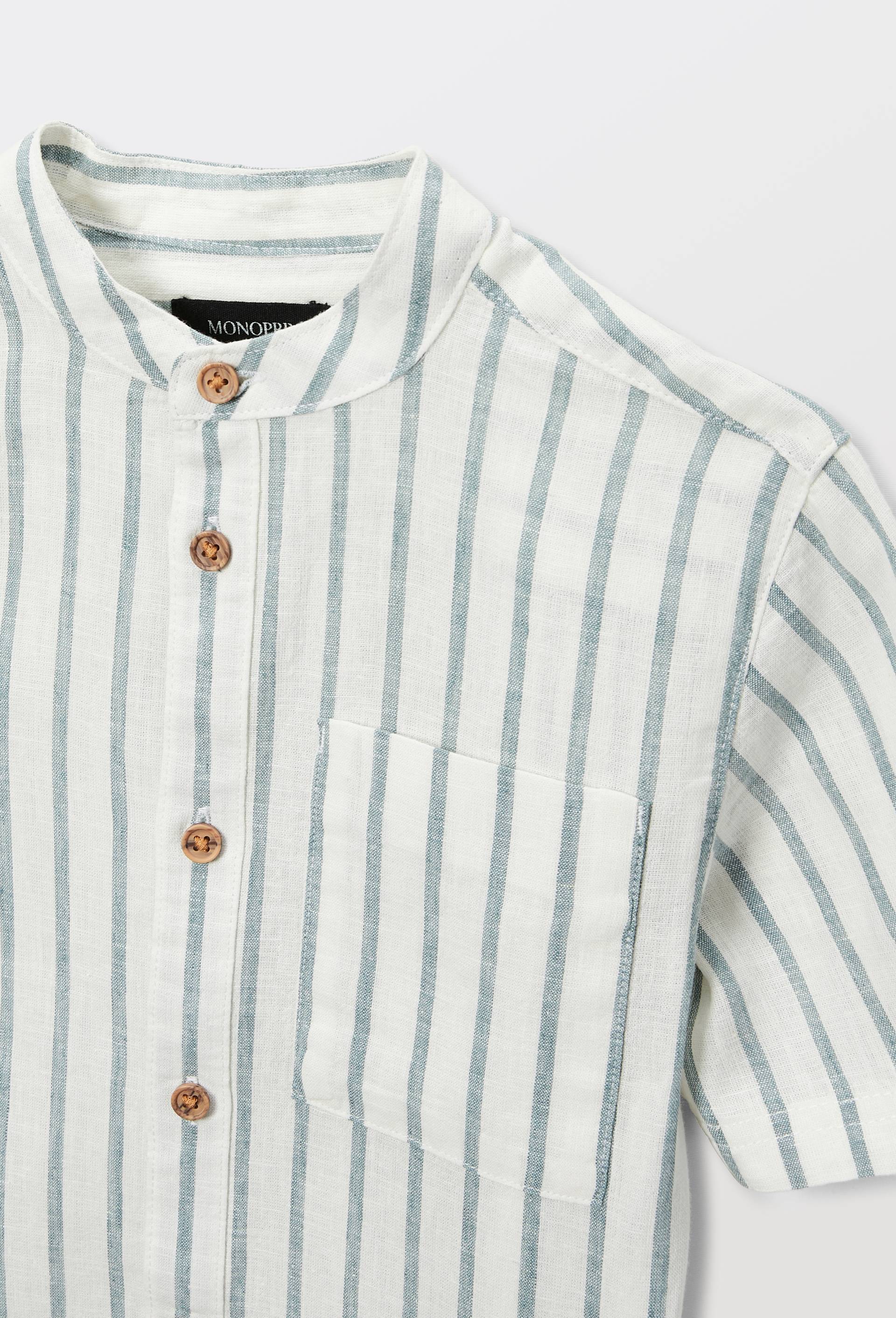 Chemise col mao manches courtes ray&eacute;e en coton et lin, Ecru, large image number 3